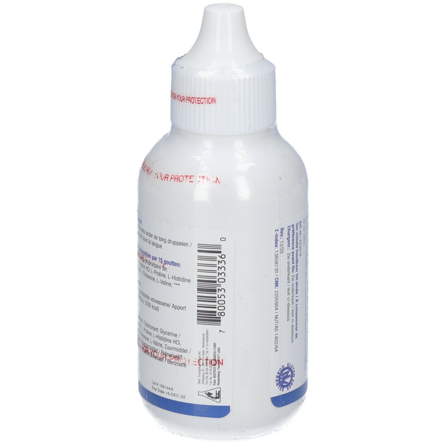 Weiße Flasche mit Text und Barcode. Aufschrift: Amino Acid Quick-Sorb, Voedingssupplement / Complément alimentaire, BIOTICS RESEARCH.