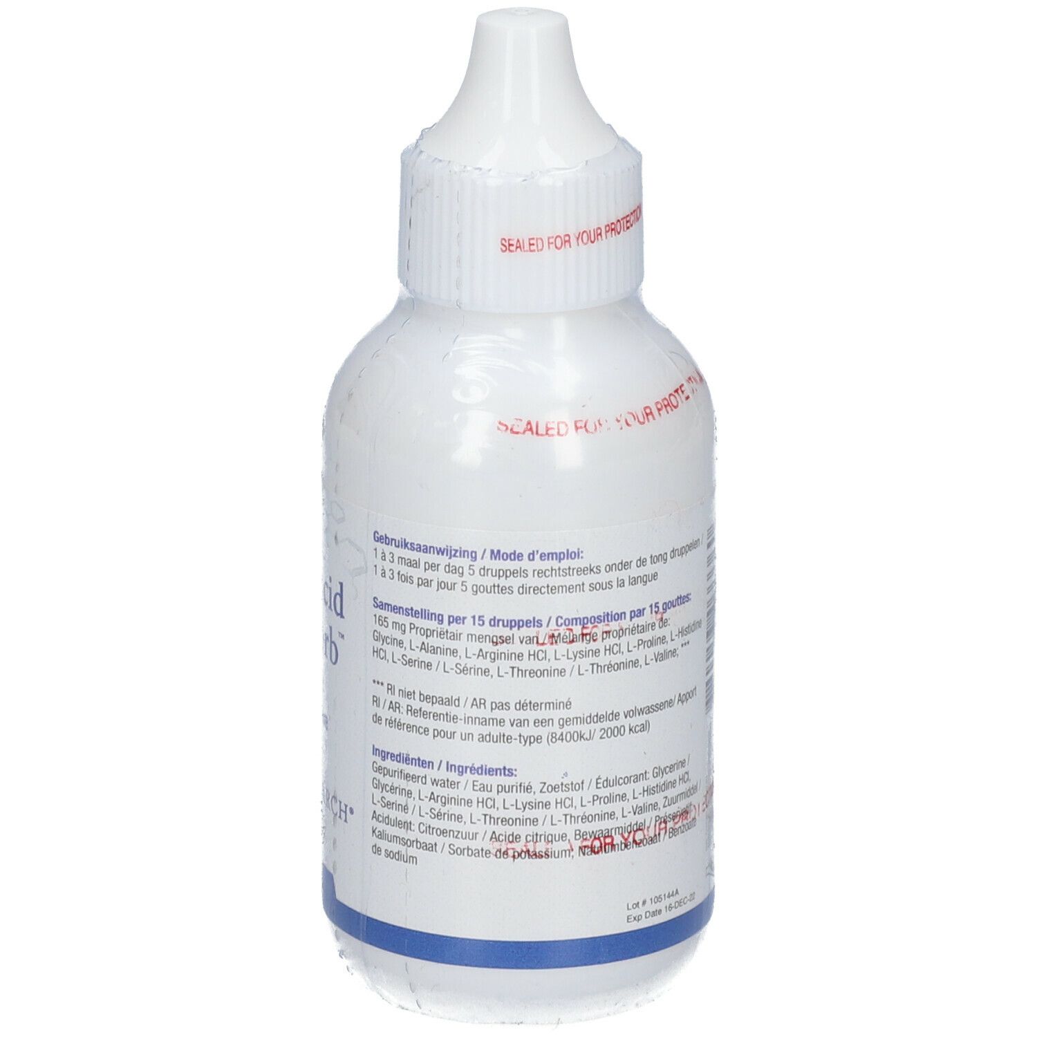 Weiße Flasche mit Text. Aufschrift: Amino Acid Quick-Sorb, Voedingssupplement / Complément alimentaire, BIOTICS RESEARCH. Verschluss mit Aufschrift.