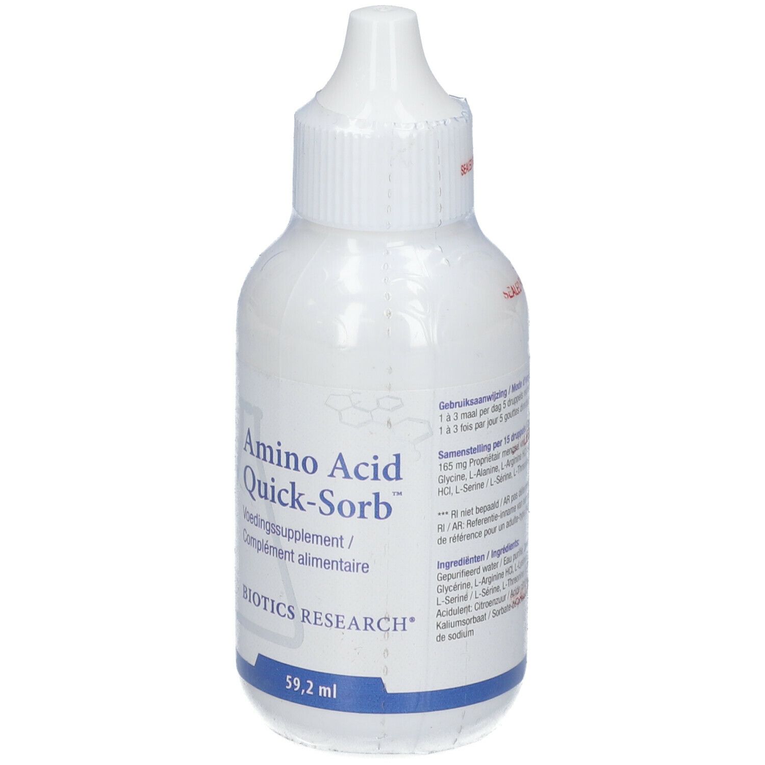 Weiße Flasche mit Tropfer. Aufschrift: Amino Acid Quick-Sorb, Voedingssupplement / Complément alimentaire, BIOTICS RESEARCH, 59,2 ml.