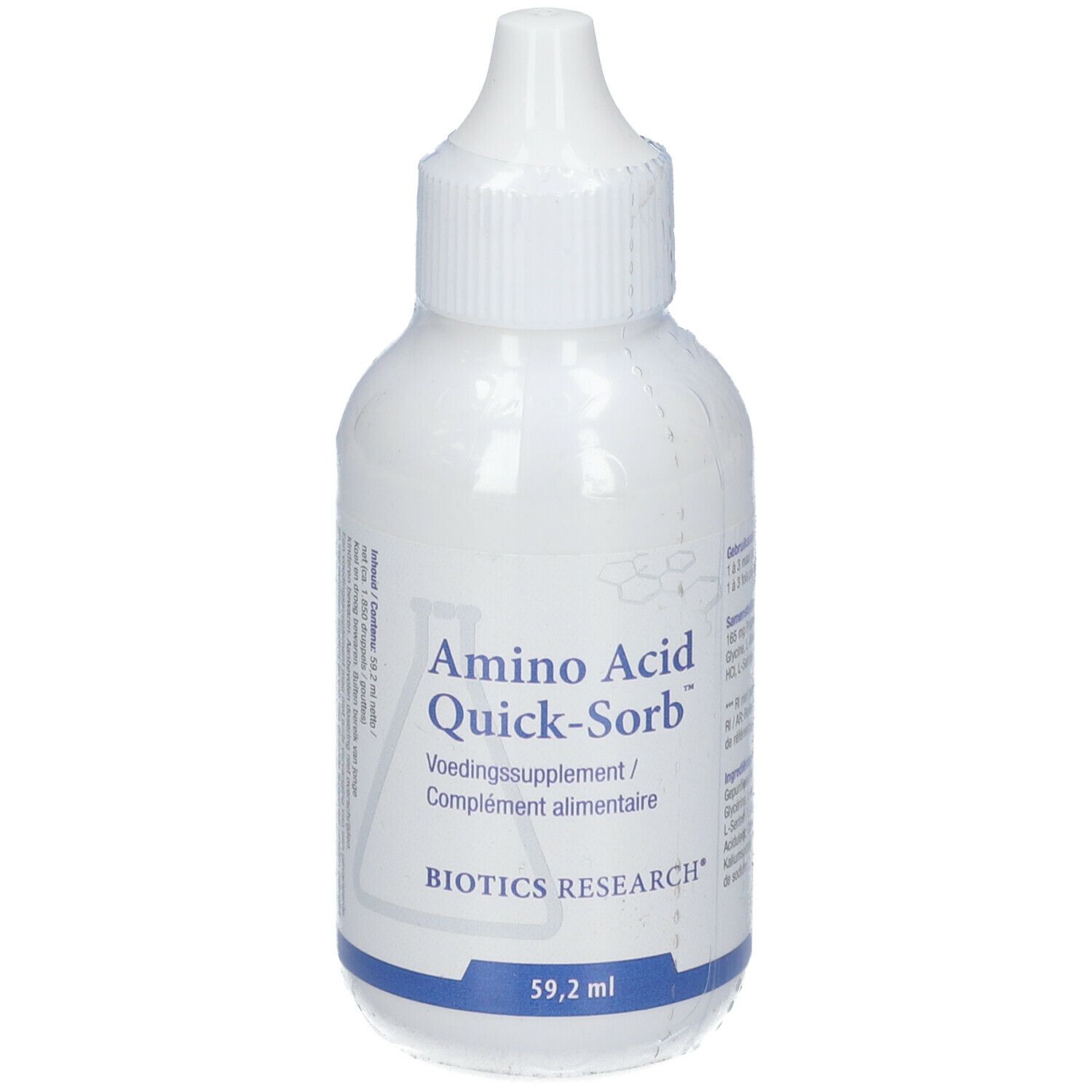 Weiße Flasche mit Tropfer. Aufschrift: Amino Acid Quick-Sorb, Voedingssupplement / Complément alimentaire, BIOTICS RESEARCH, 59,2 ml.