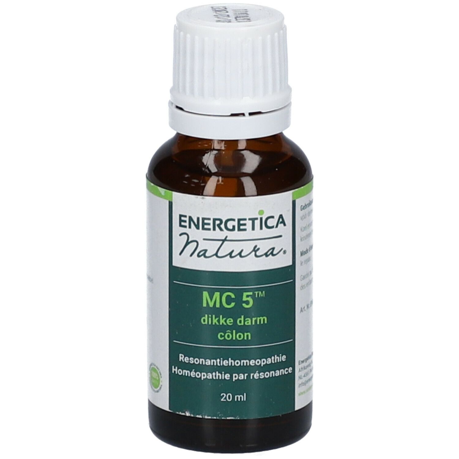 Flacon en verre brun avec bouchon blanc. Étiquette avec nom du produit et marque: Energetica Natura MC 5 dikke darm colon. 20 ml.