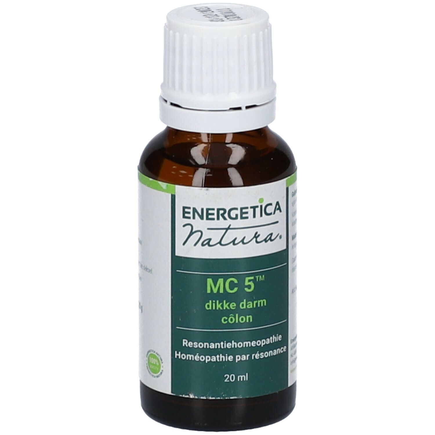 Flacon en verre brun avec bouchon blanc. Étiquette avec nom du produit et marque: Energetica Natura MC 5 dikke darm colon. 20 ml.