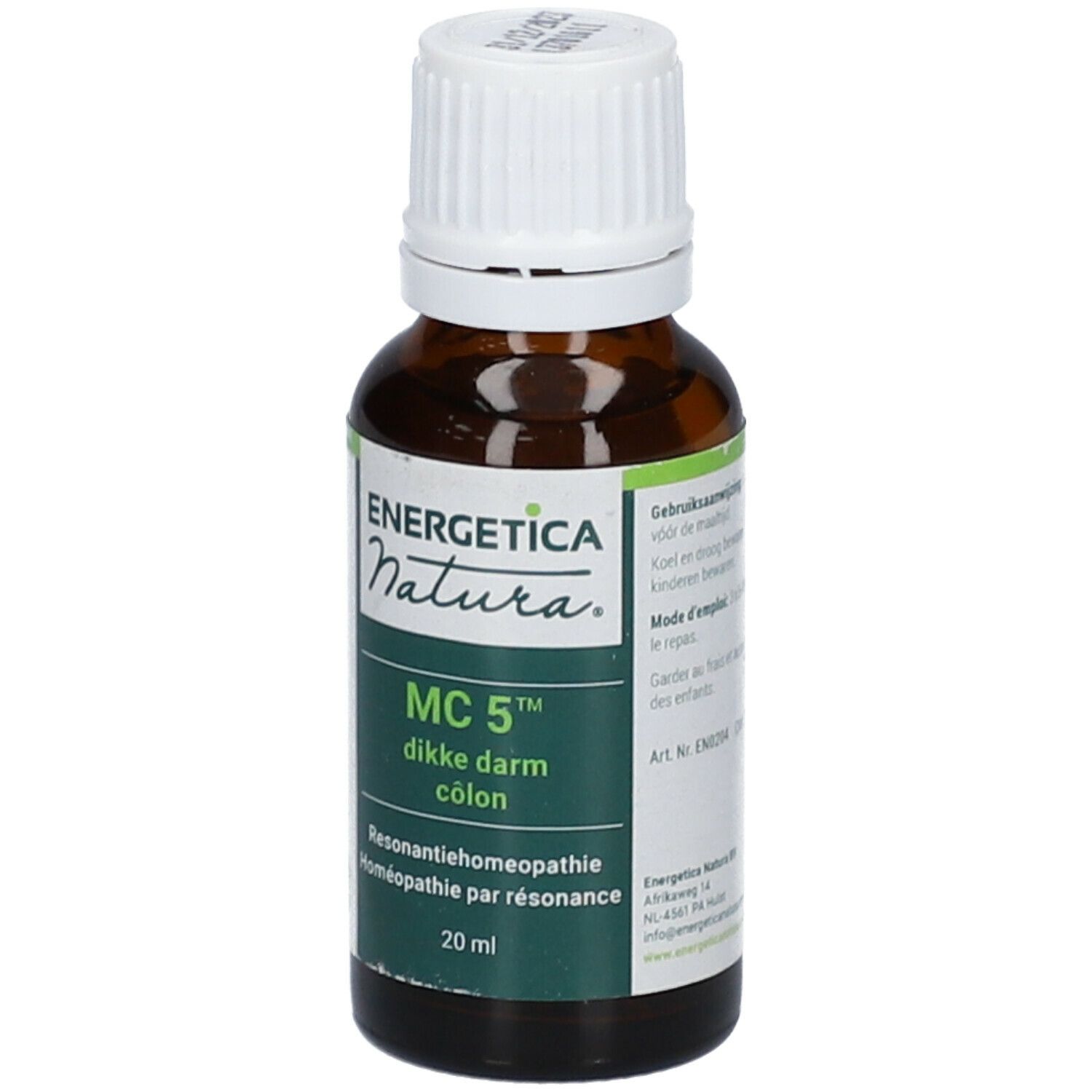 Flacon en verre brun avec bouchon blanc. Étiquette avec nom du produit et marque: Energetica Natura MC 5 dikke darm colon. 20 ml.
