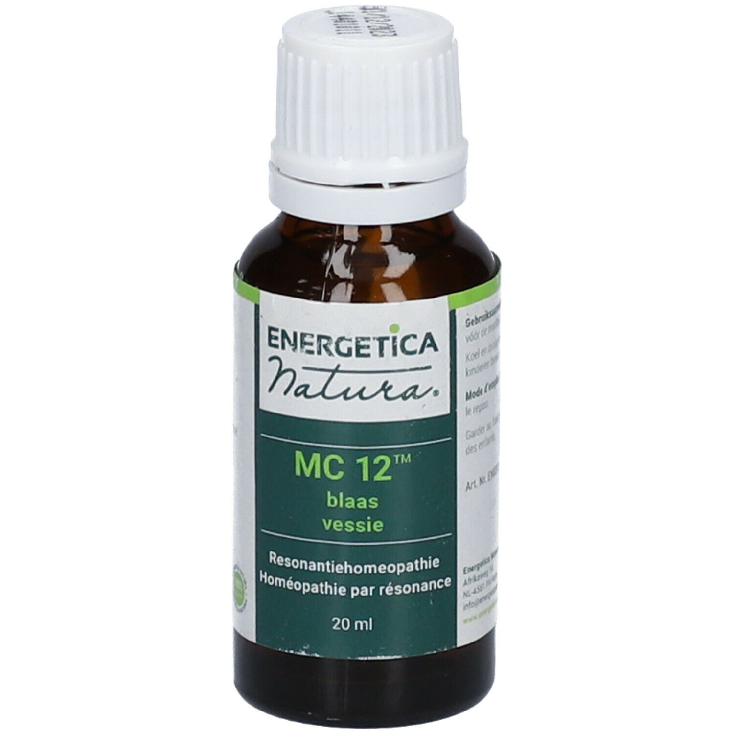 Braune Glasflasche mit weißem Deckel. Aufkleber mit Produktnamen und Marke: Energetica Natura MC 12. 20 ml.