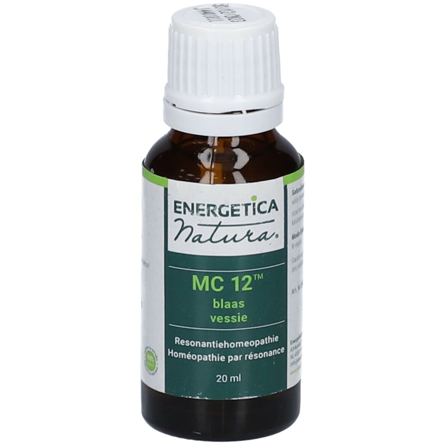 Braune Glasflasche mit weißem Deckel. Aufkleber mit Produktnamen und Marke: Energetica Natura MC 12. 20 ml.
