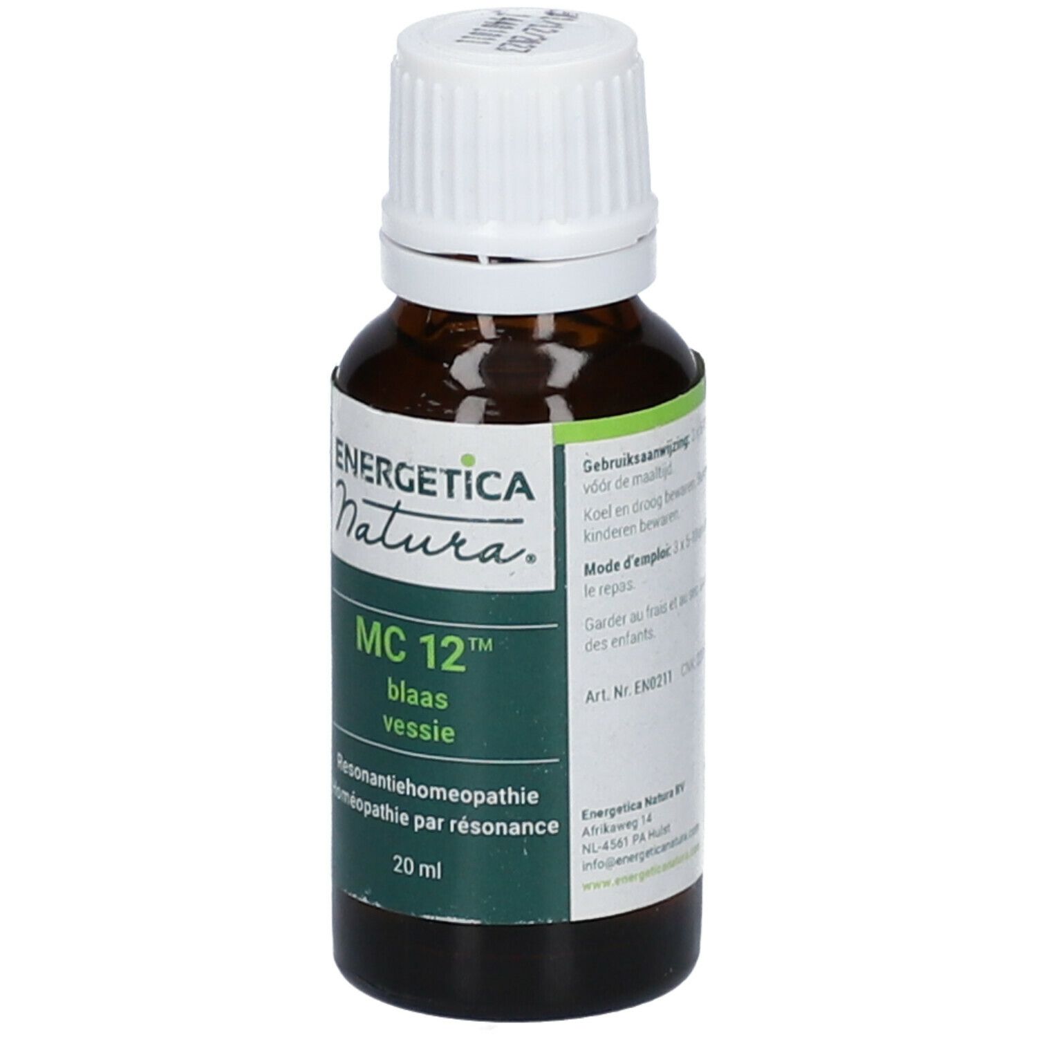 Braune Glasflasche mit weißem Deckel. Aufkleber mit Produktnamen und Marke: Energetica Natura MC 12. 20 ml.