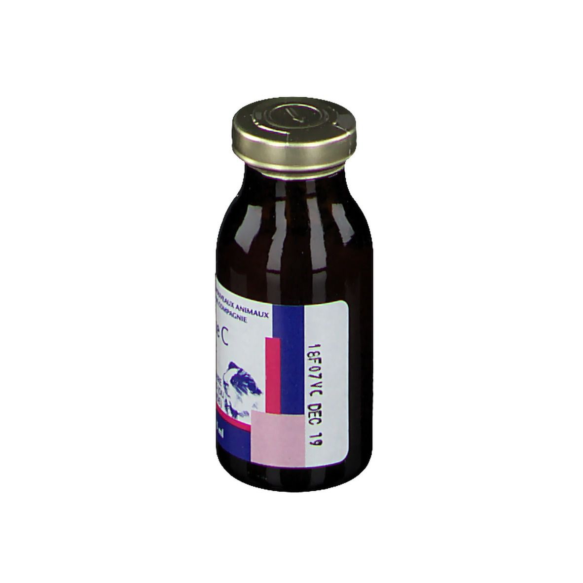 Braune Glasflasche mit goldfarbenem Deckel. Etikett mit Produktinformationen und Chargennummer.