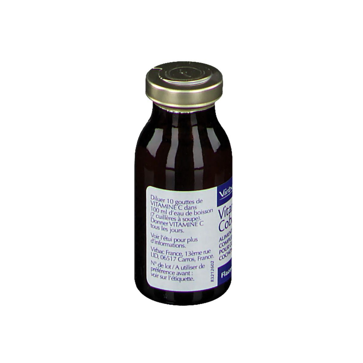Braune Glasflasche mit goldfarbenem Deckel. Etikett mit Dosierungsanweisungen.