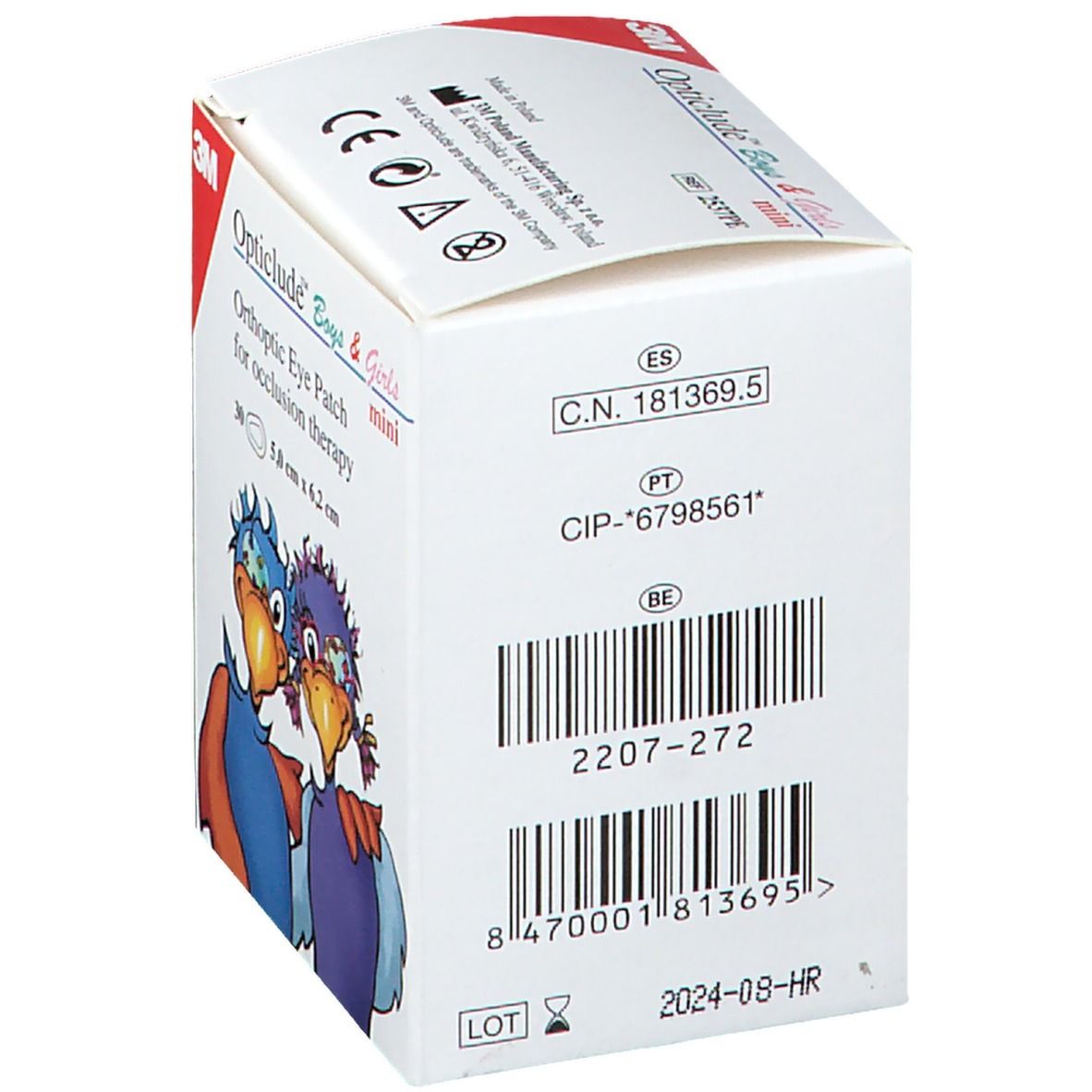 Dos de la boîte Opticlude Boys & Girls mini. Code-barres, numéro de lot, numéros C.N. et CIP visibles.