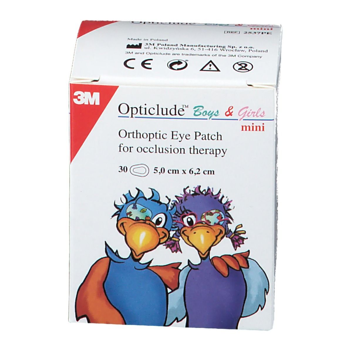 Face avant de la boîte Opticlude Boys & Girls mini. Contient 30 patchs, 5,0 cm x 6,2 cm. Illustrations.