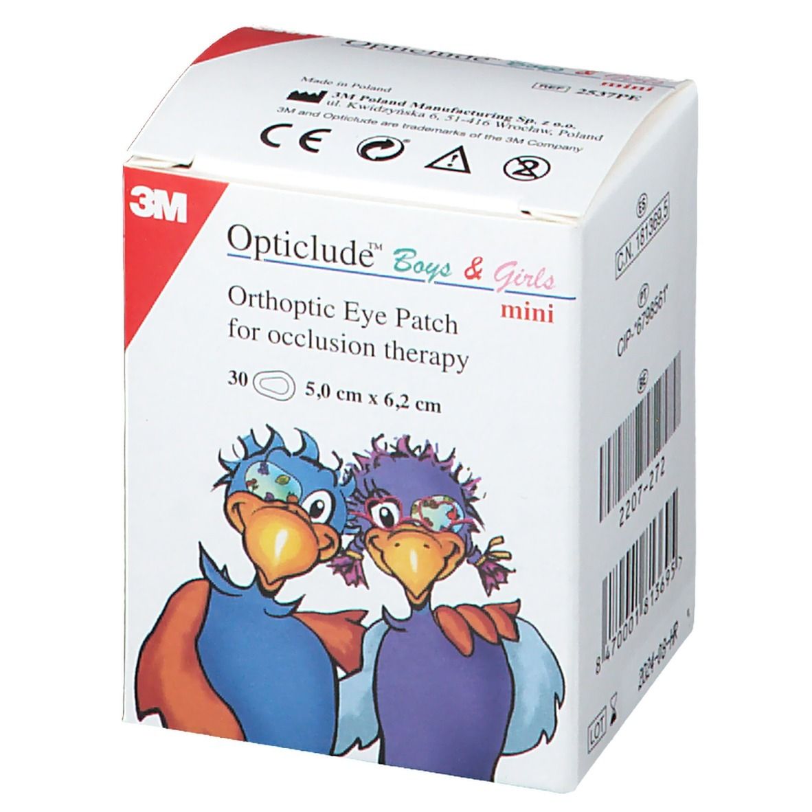 Boîte Opticlude Boys & Girls mini. Montre un patch oculaire. Contient 30 patchs, 5,0 cm x 6,2 cm.