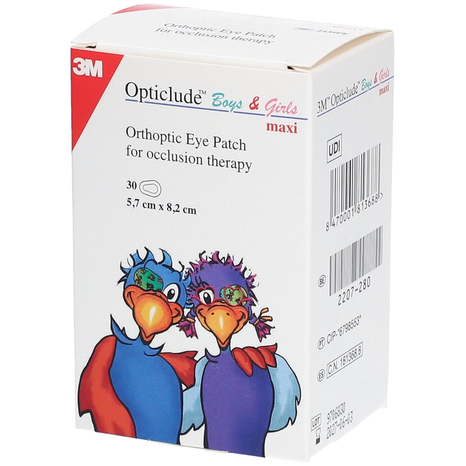 Boîte de 3M Opticlude Boys & Girls Maxi. Contient 30 pansements oculaires, 5,7 x 8,2 cm. Illustrations d'oiseaux.