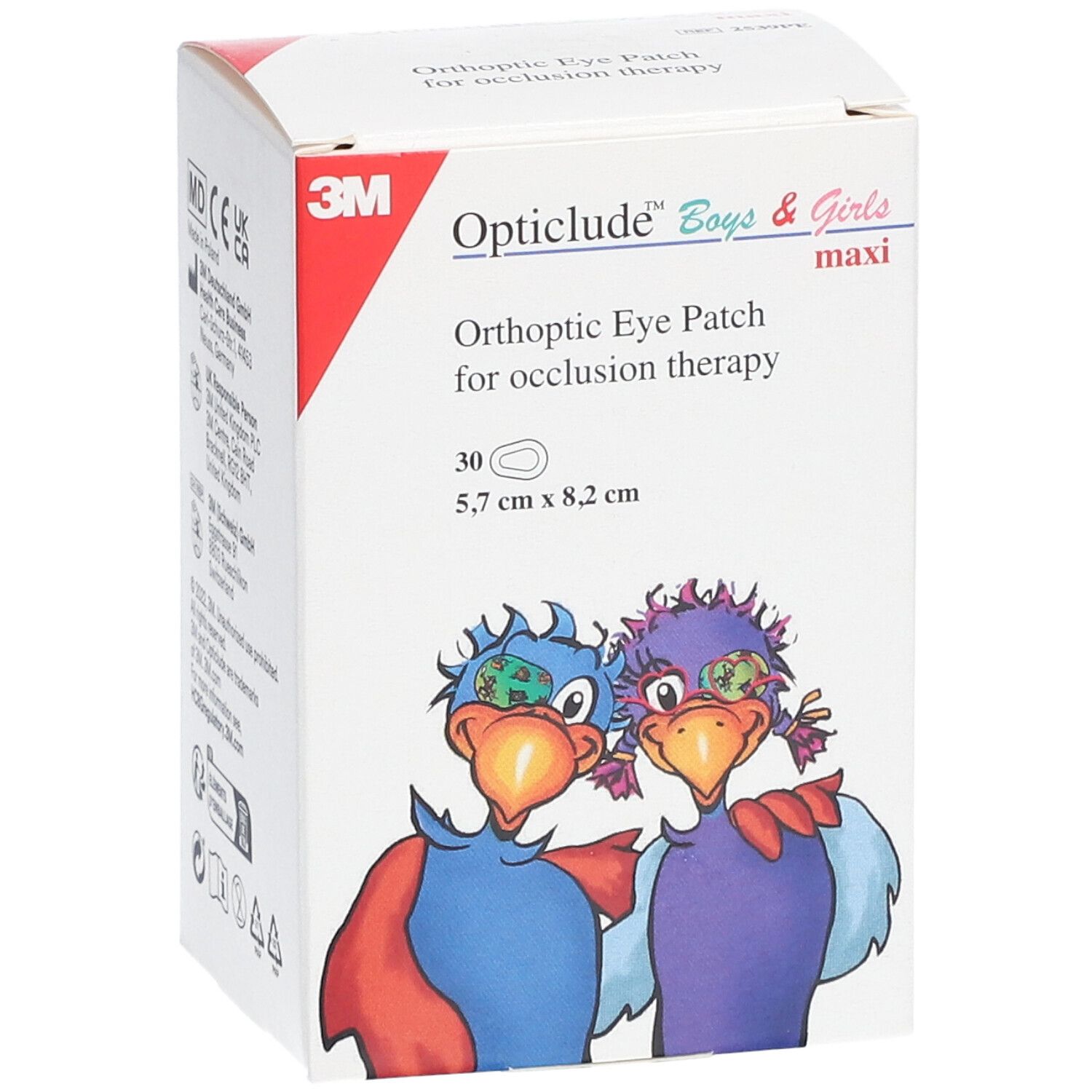 Vue de face de la boîte 3M Opticlude Boys & Girls Maxi. Contient 30 pansements, 5,7 x 8,2 cm. Illustrations d'oiseaux.
