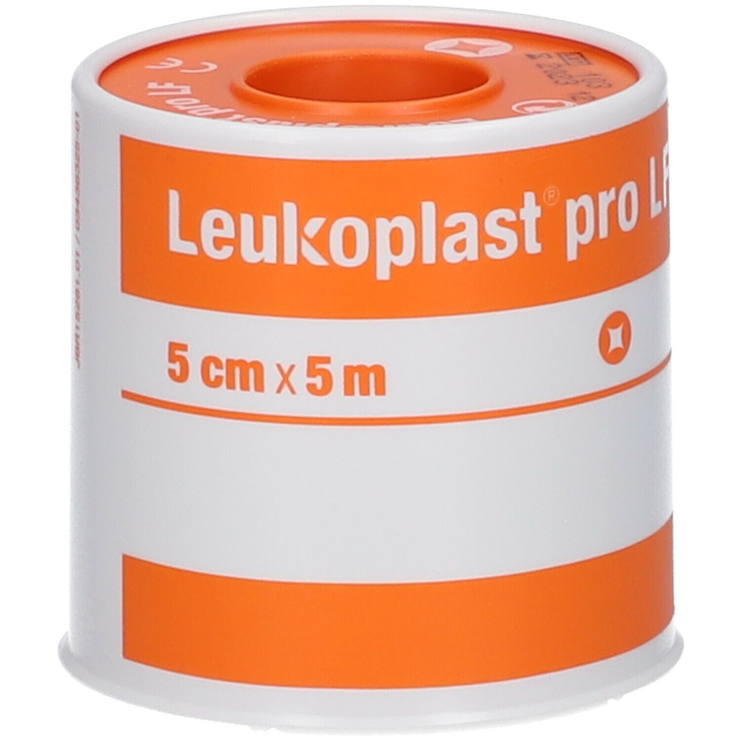 Rouleau Leukoplast pro LF, 5 cm x 5 m. Emballage blanc et orange. Nom du produit et dimensions visibles.