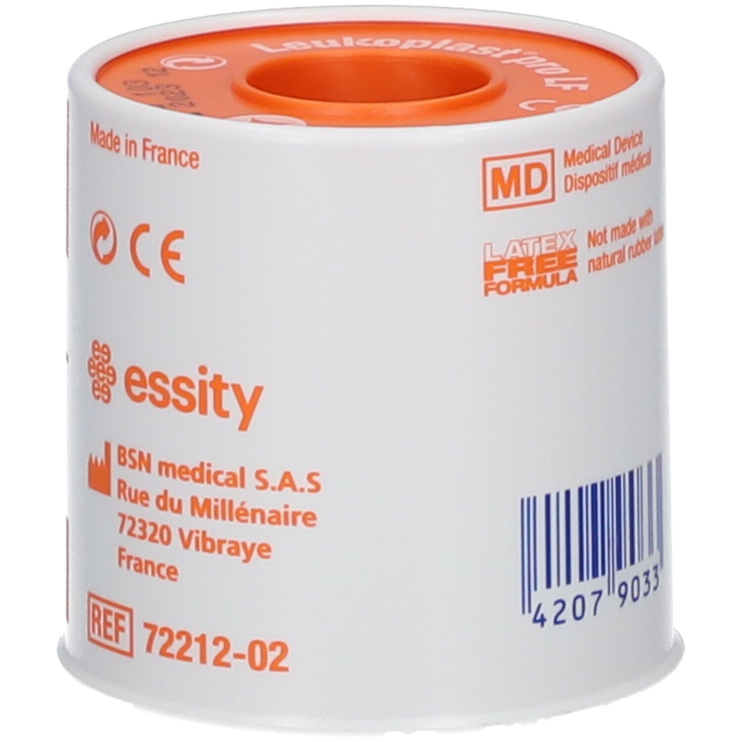 Rouleau Leukoplast pro LF. Emballage avec marquage CE, adresse du fabricant et mention "Made in France".