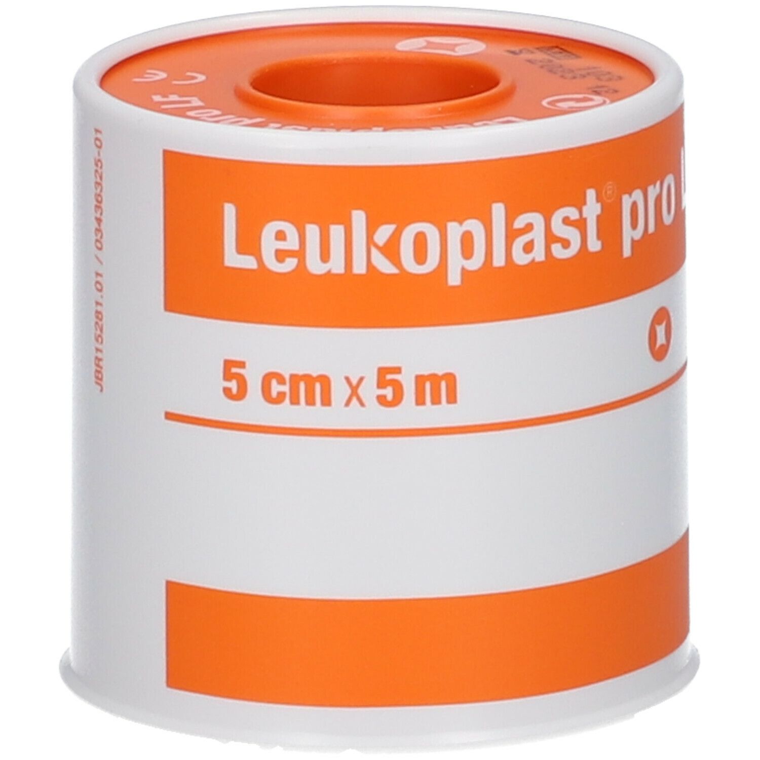 Rouleau Leukoplast pro LF, 5 cm x 5 m. Emballage blanc et orange. Nom du produit et dimensions visibles.