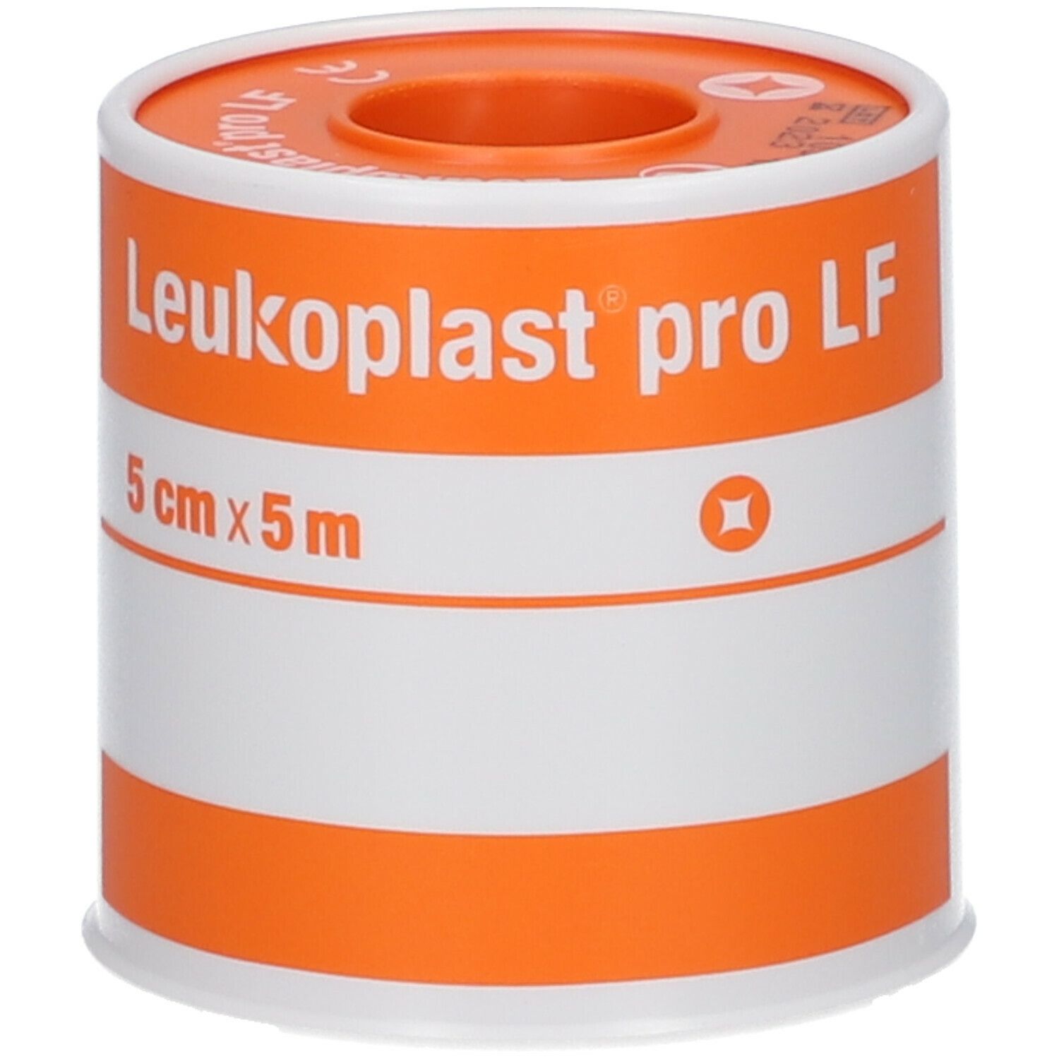 Rouleau Leukoplast pro LF, 5 cm x 5 m. Emballage blanc et orange. Nom du produit et dimensions visibles.