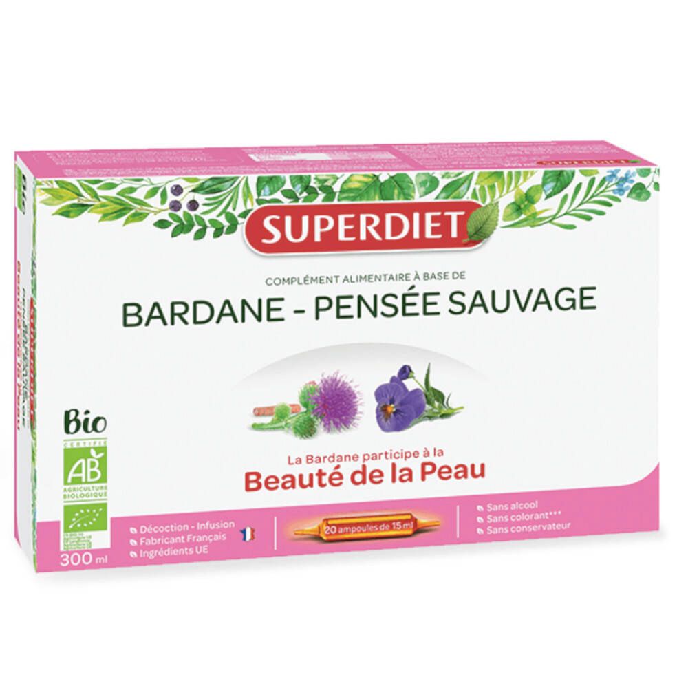 Verpakking Superdiet, Bardane Pensée Sauvage Bio. AB-certificering. 20 ampullen. Tekst: La Bardane participe à la Beauté de la Peau.
