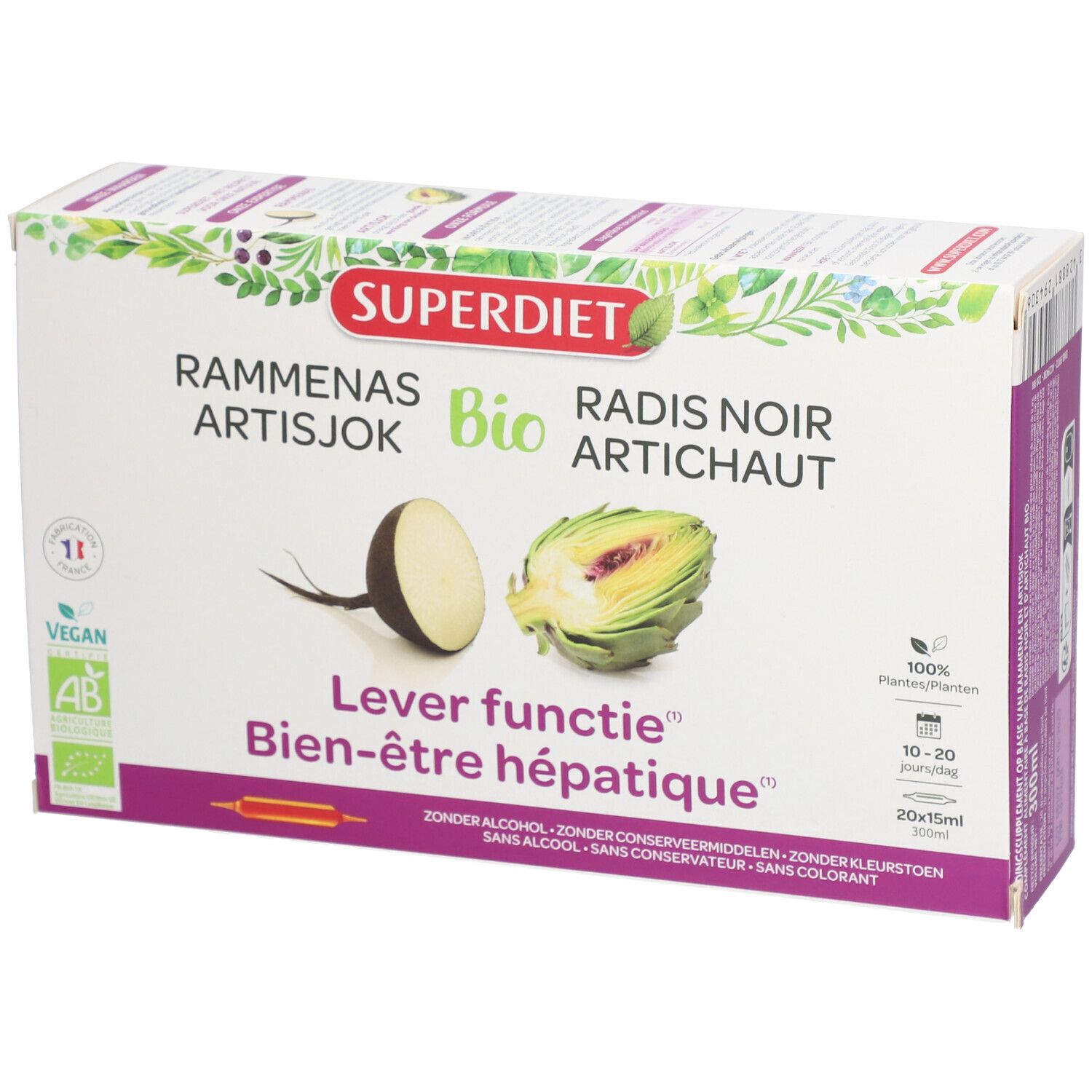 Confezione Superdiet Rammenas-Artichoke Bio. Vista frontale con nome del prodotto, illustrazioni di ravanello nero e carciofo.