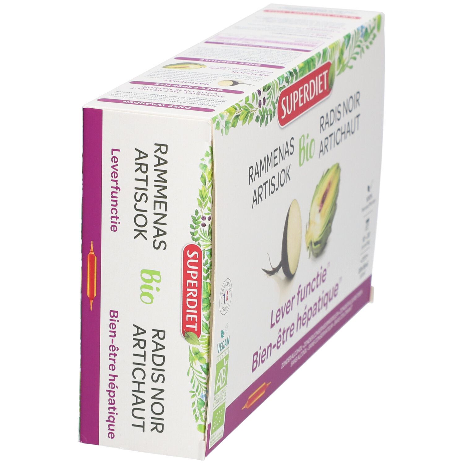 Vista obliqua della confezione Superdiet Rammenas-Artichoke Bio. Nome del prodotto, loghi e informazioni testuali visibili.