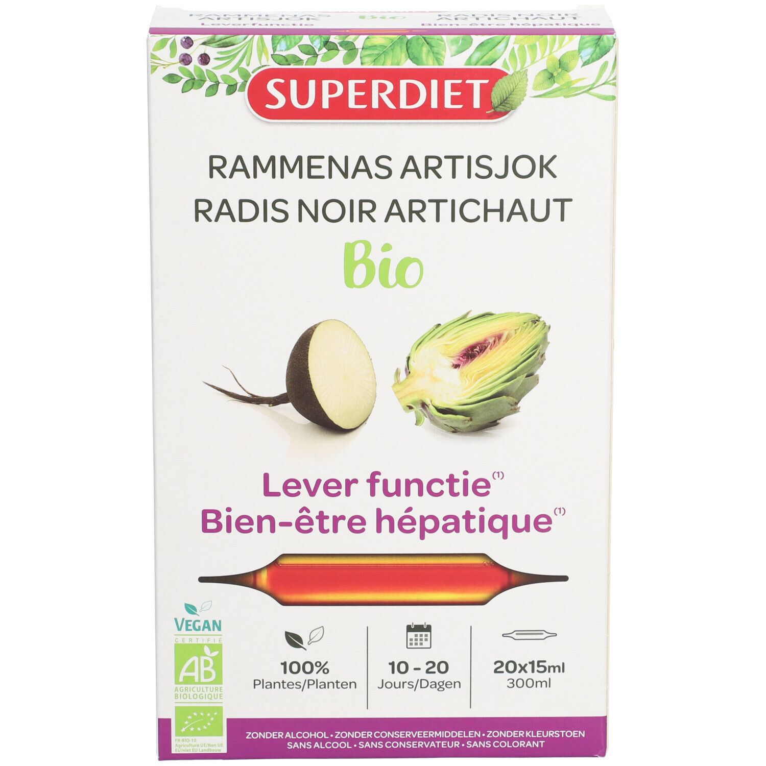 Confezione Superdiet Rammenas-Artichoke Bio. Fronte con nome del prodotto, illustrazioni di ravanello nero e carciofo, e loghi.
