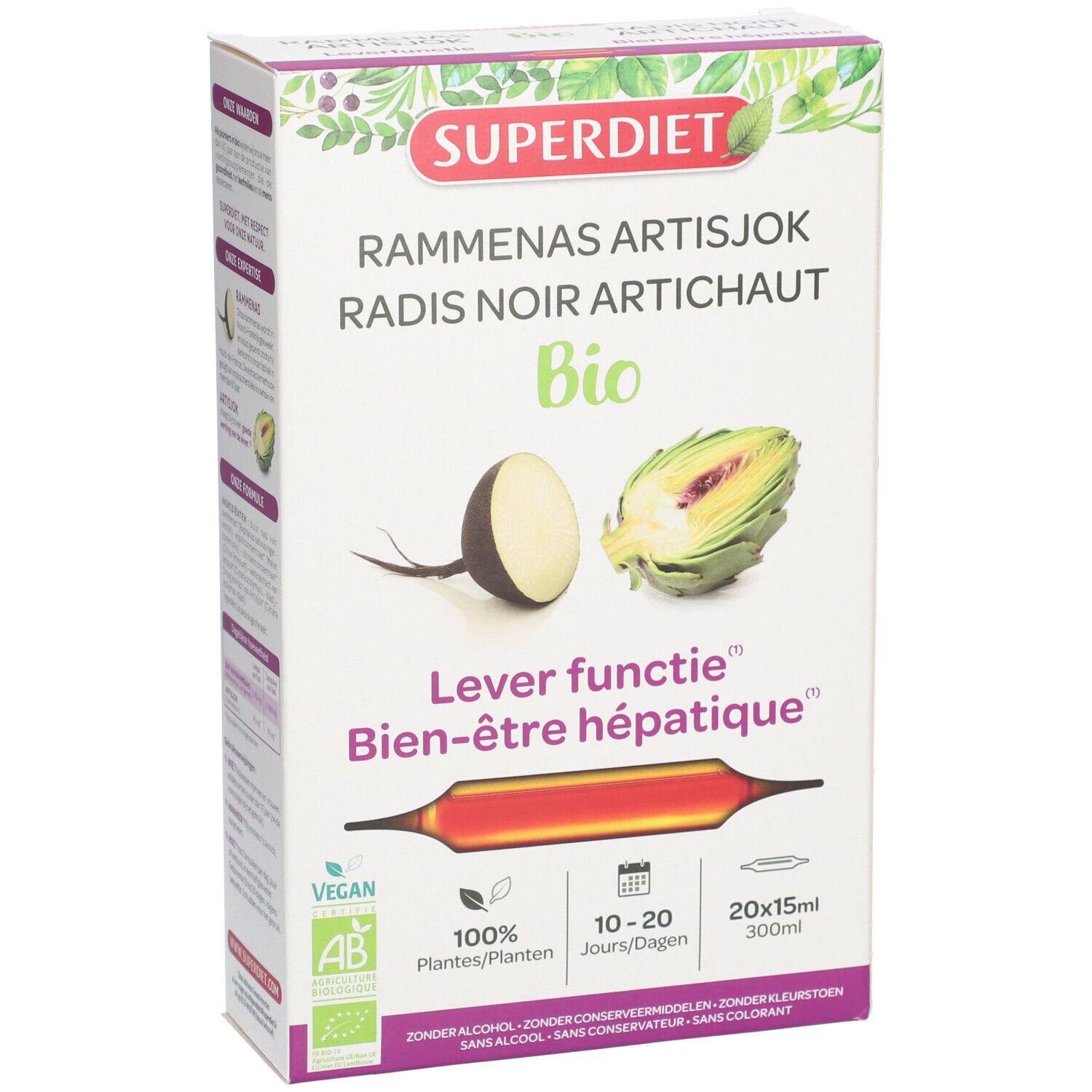 Confezione Superdiet Rammenas-Artichoke Bio. Fronte con nome del prodotto, illustrazioni di ravanello nero e carciofo, e loghi.
