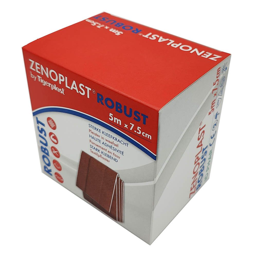 Emballage de ZENOPlAST Robust. Pansement textile. 5m x 7,5cm. L'emballage est rouge et blanc.