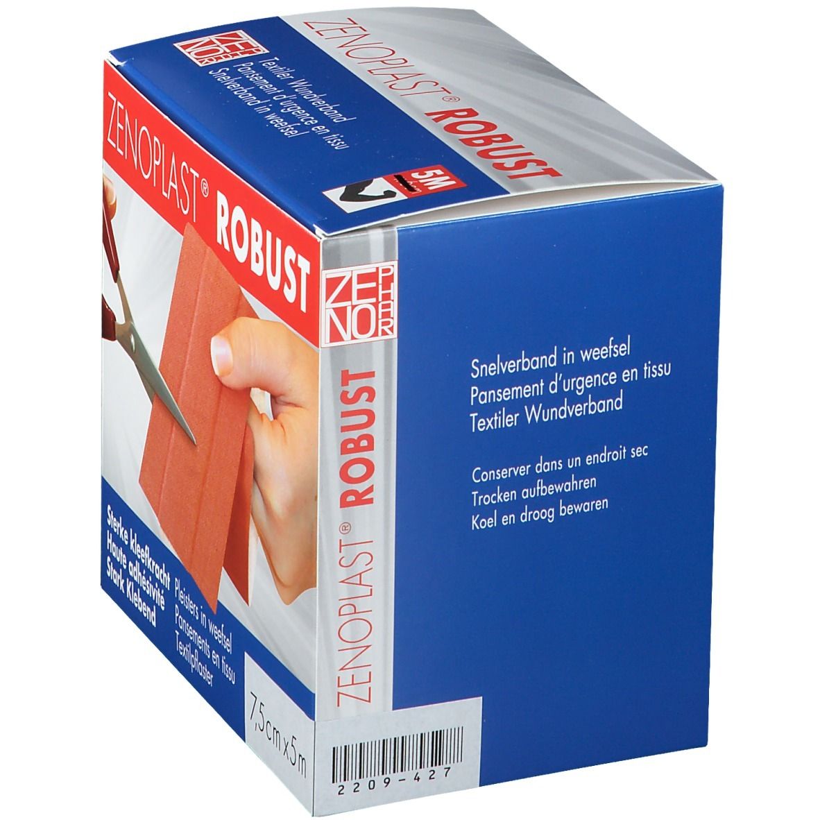 Emballage de ZENOPlAST Robust. Pansement textile. 7,5cm x 5m. Un code-barres est visible sur l'emballage.