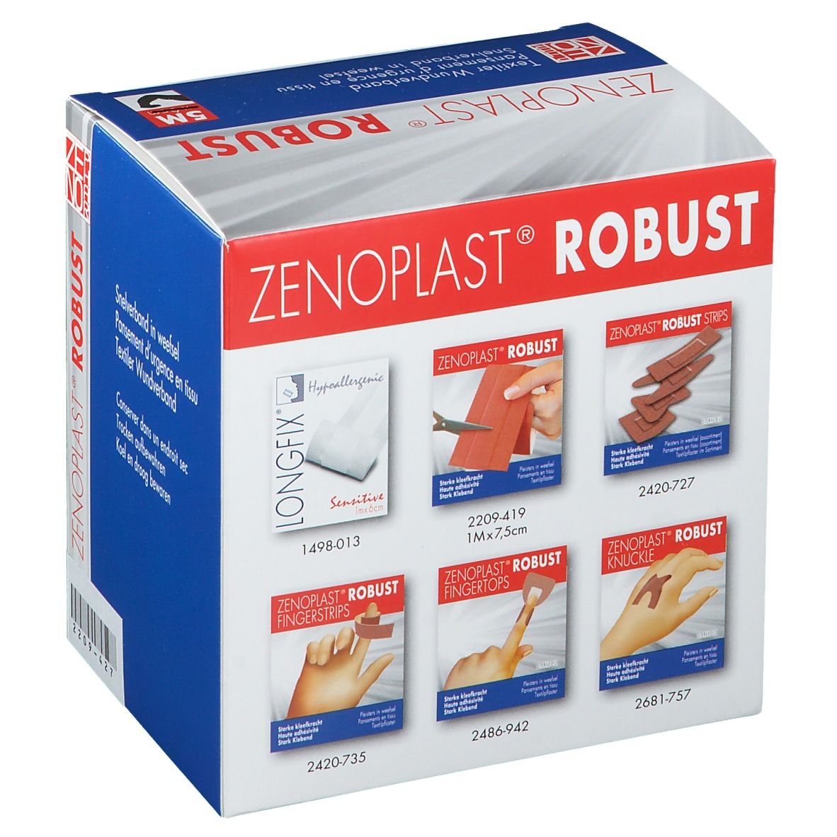 Emballage de ZENOPlAST Robust. Pansement textile. Différents types de pansements sont illustrés sur l'emballage.