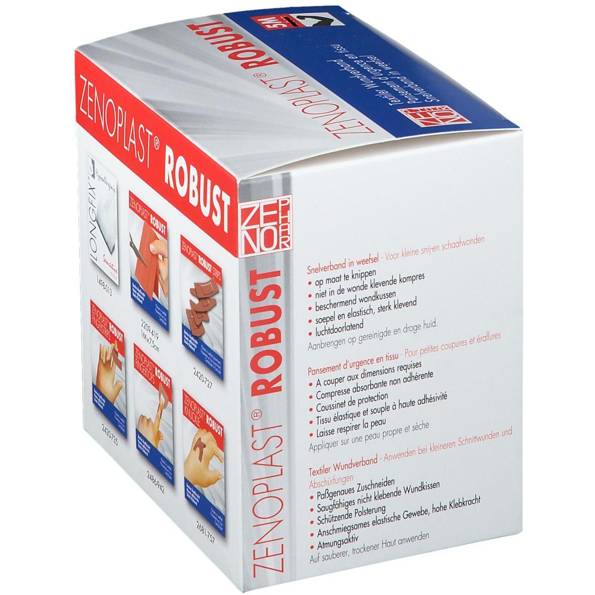 Emballage de ZENOPlAST Robust. Pansement textile. Des exemples d'utilisation sont illustrés sur l'emballage.