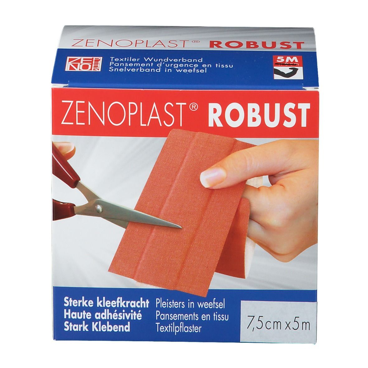 Emballage de ZENOPlAST Robust. Pansement textile. 7,5cm x 5m. L'emballage montre un pansement et des ciseaux.