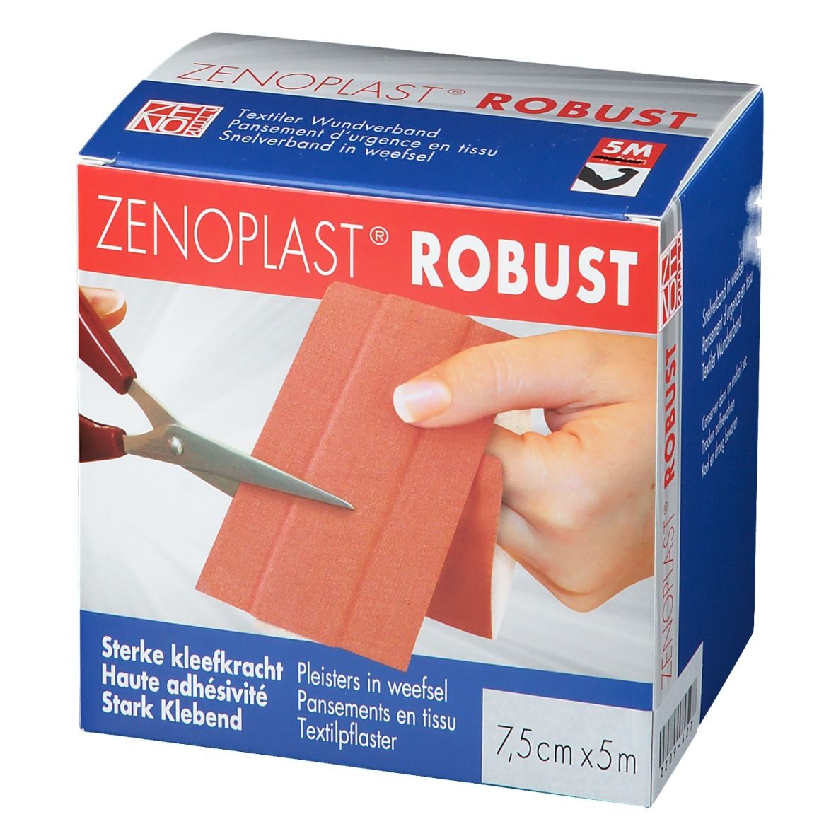 Emballage de ZENOPlAST Robust. Pansement textile. 7,5cm x 5m. L'emballage montre un pansement et des ciseaux.