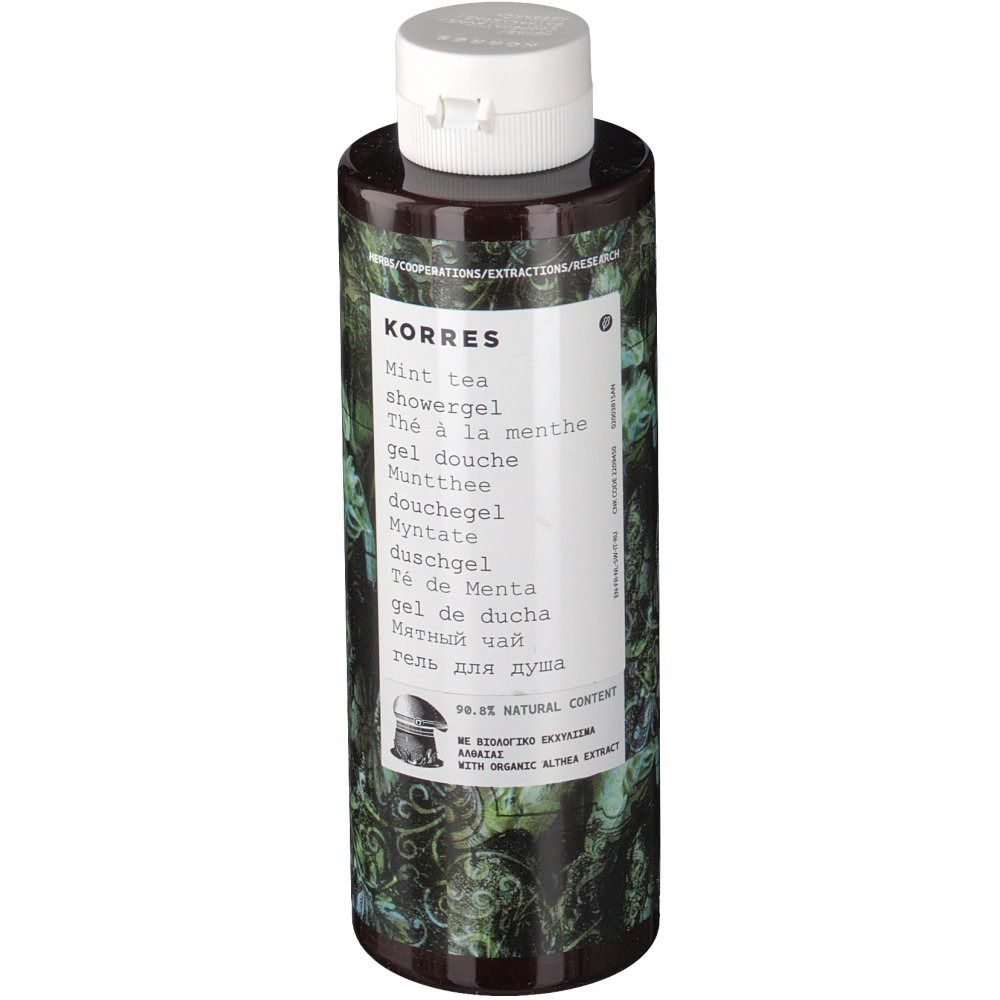 KORRES douchegel, fles met witte dop. Opschrift: Mint tea showergel. Groen-bruin patroon.