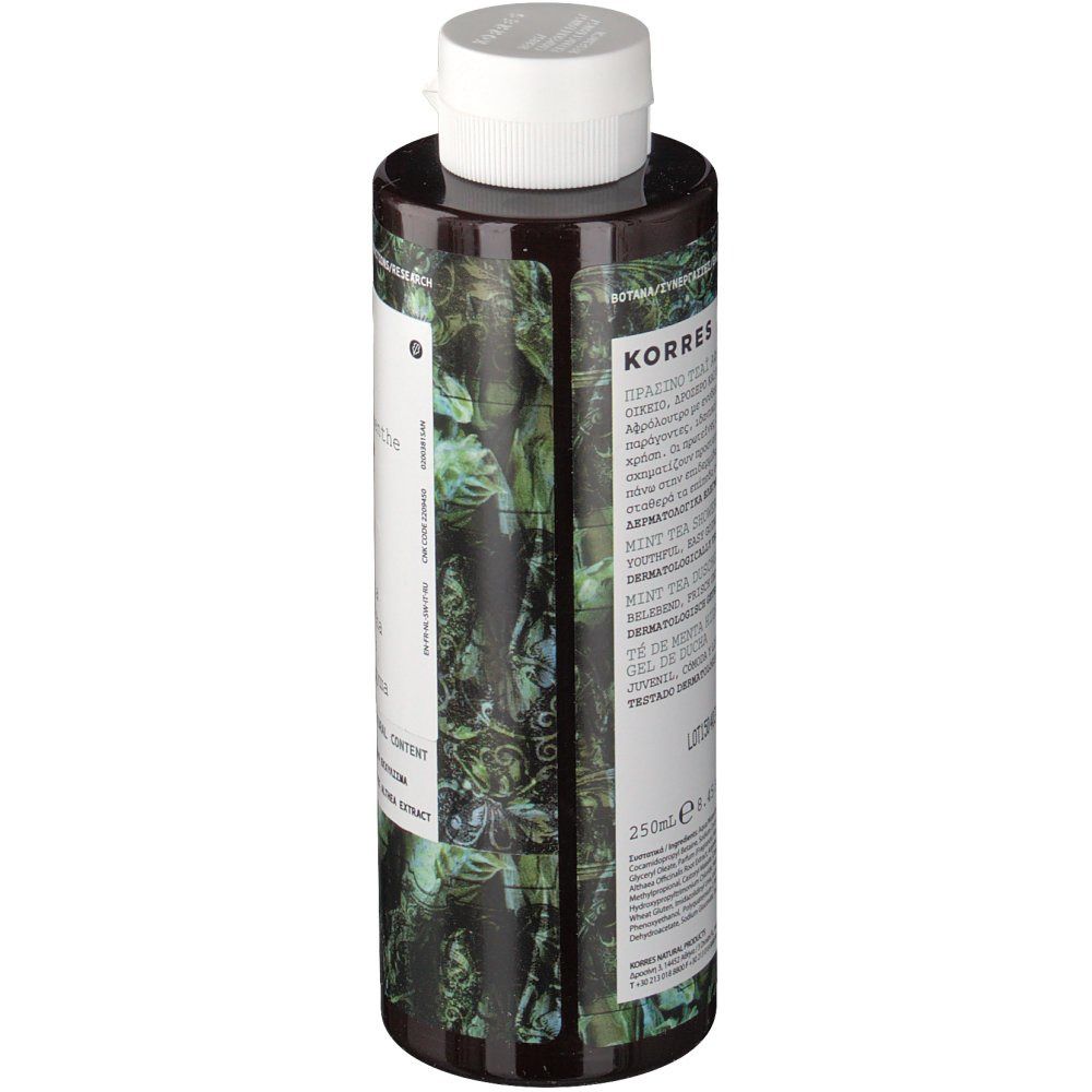 Achterkant van KORRES douchegelfles. Meertalige tekst. Groen-bruin patroon. 250ml.