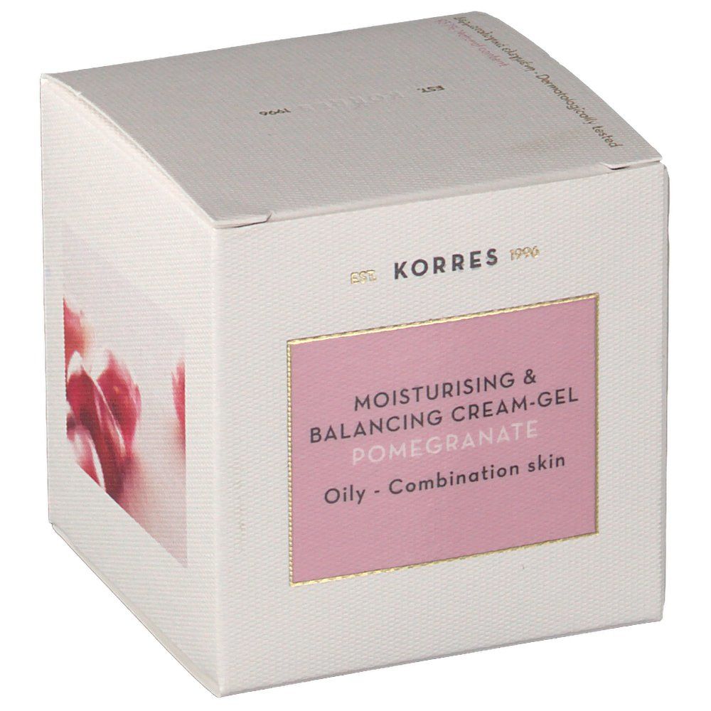 Emballage KORRES®. Boîte blanche avec étiquette rose. Texte : "MOISTURISING & BALANCING CREAM-GEL POMEGRANATE". Pour peaux mixtes à grasses.