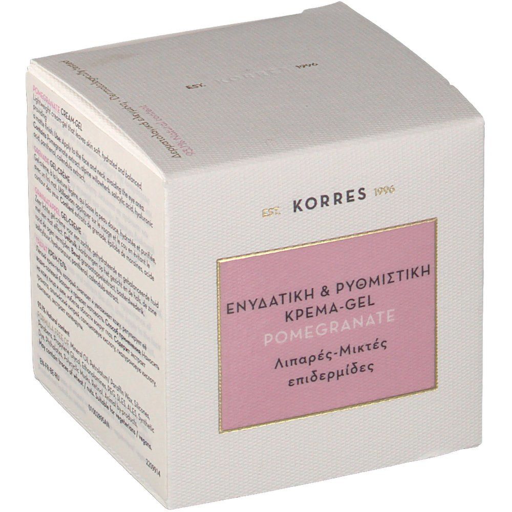 Emballage KORRES®. Boîte blanche avec étiquette rose. Texte : "ENYΔATIKH & PYΘMIΣTIKH KPEMA-GEL POMEGRANATE". Pour peaux mixtes à grasses.