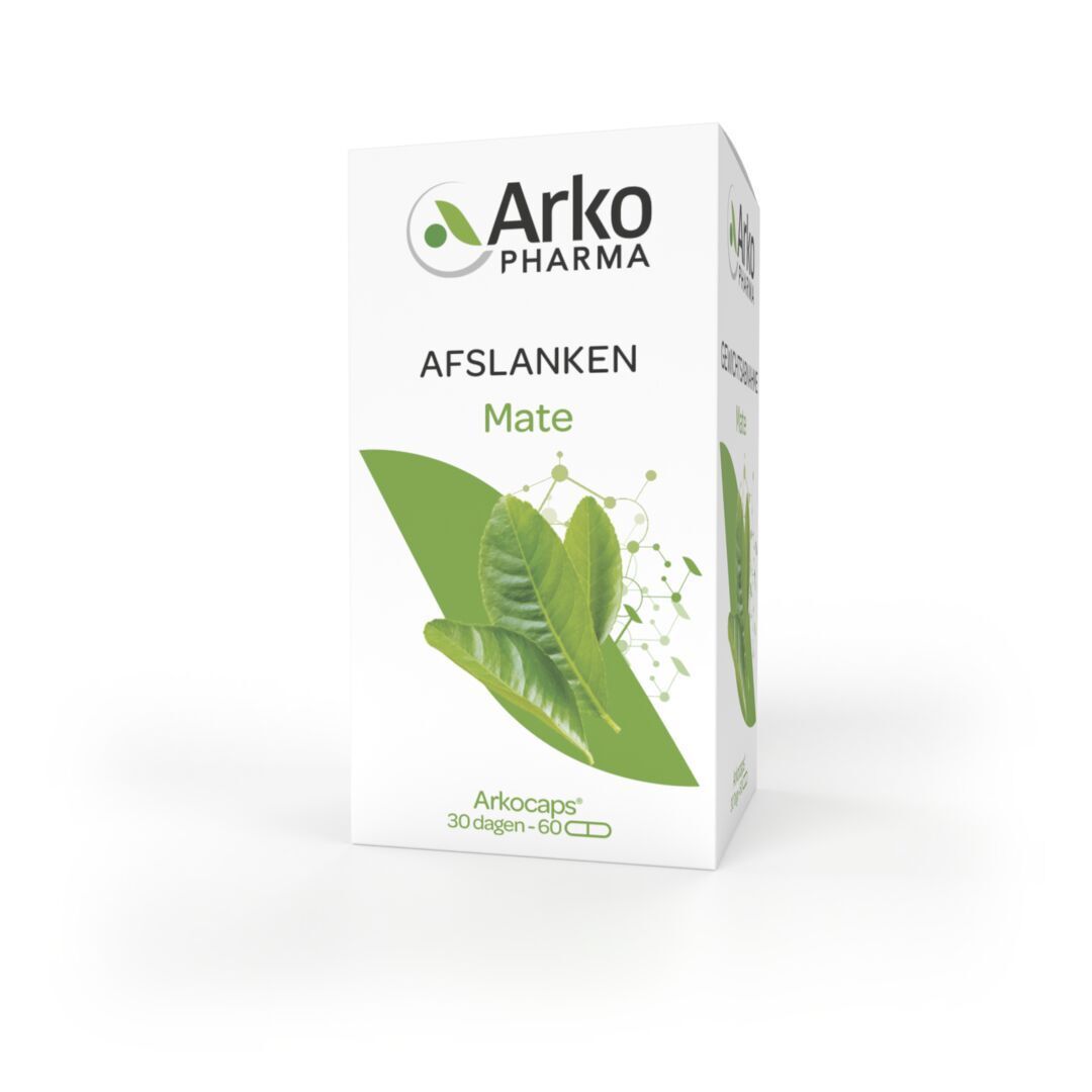 Witte doos met opschrift: Afslanken Mate. 30 dagen - 60 capsules. Logo Arkopharma.