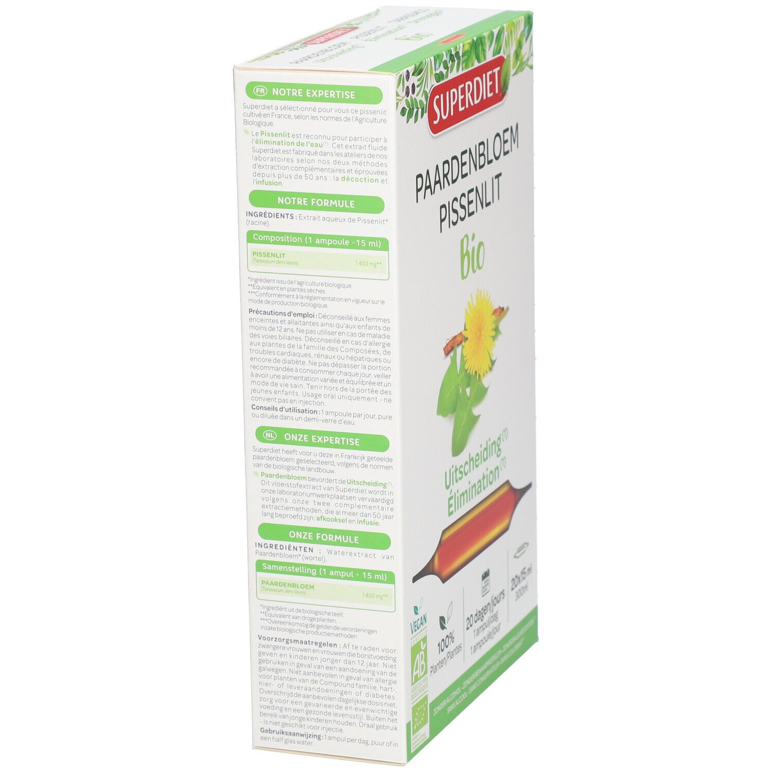 Zijaanzicht van de productverpakking met tekst en Bio-certificering. Bevat informatie over de samenstelling.