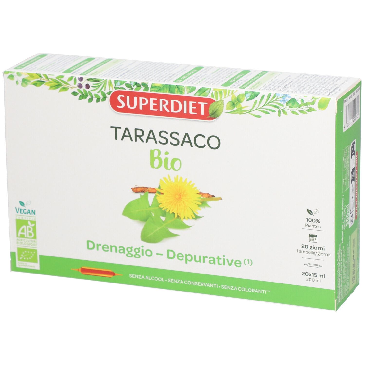 Productverpakking met Tarassaco Bio-label. Illustratie van een paardenbloem. Bevat 20 ampullen.