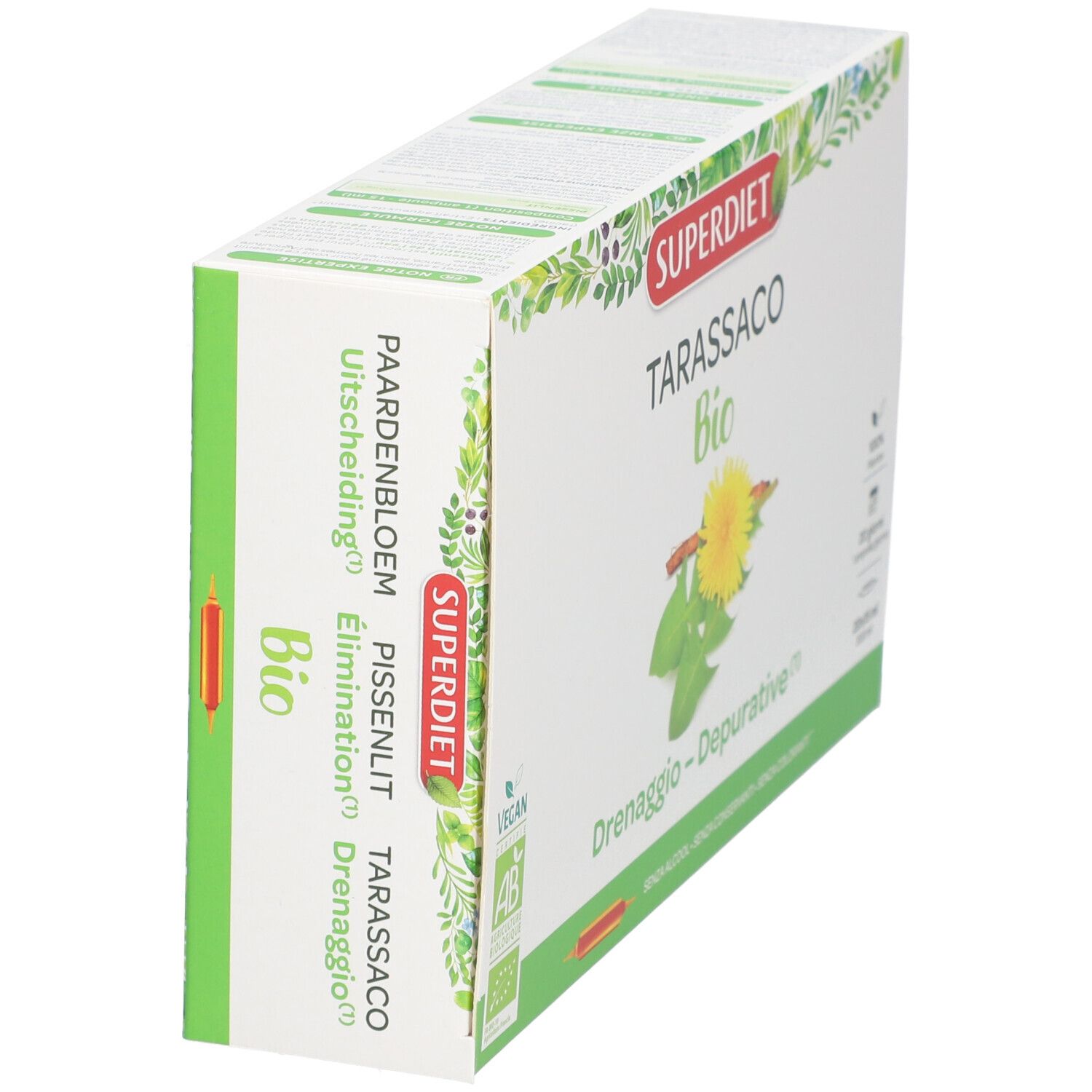 Zijaanzicht van de productverpakking met Tarassaco Bio-label. Tekst en Bio-certificering zichtbaar.
