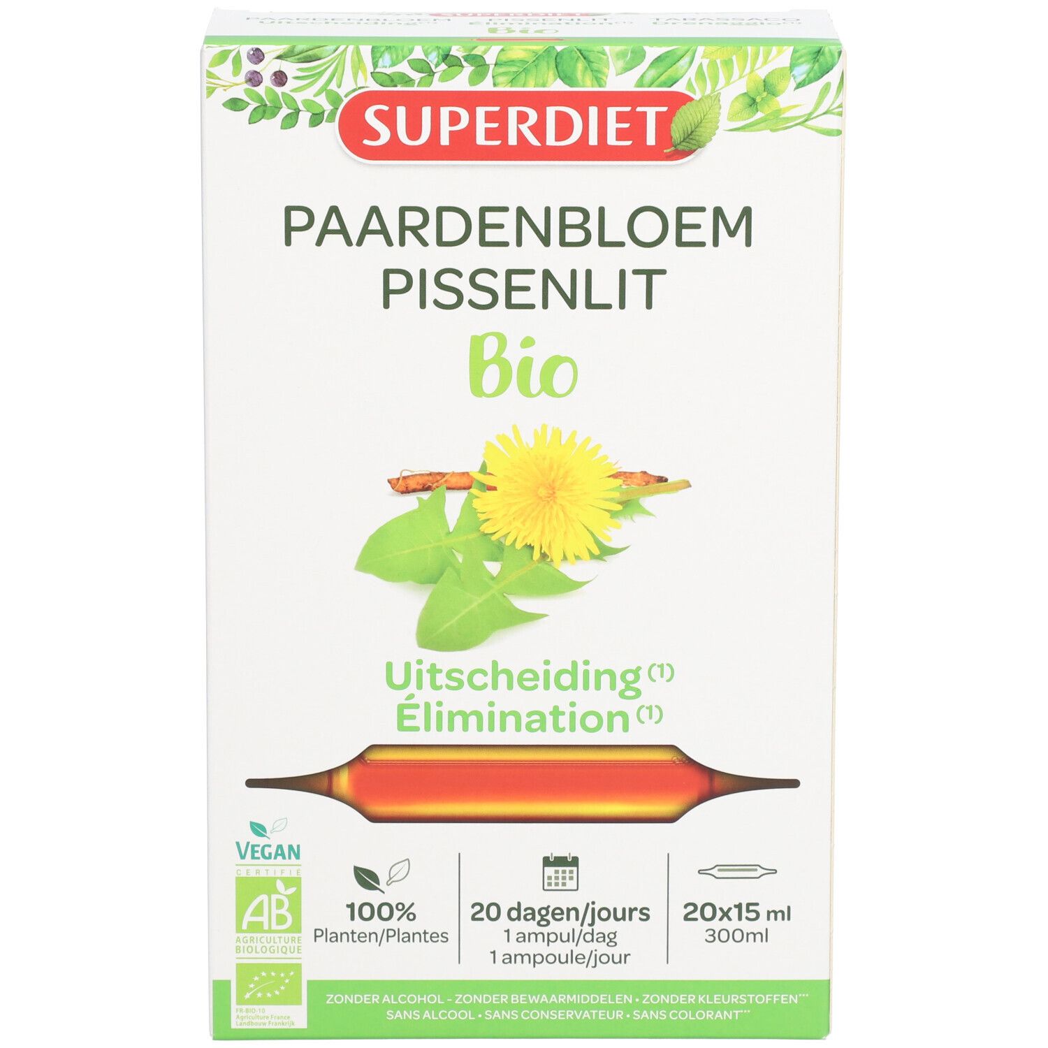 Verpakking met productnaam en Bio-certificering. Illustratie van een paardenbloem. Bevat 20 ampullen.