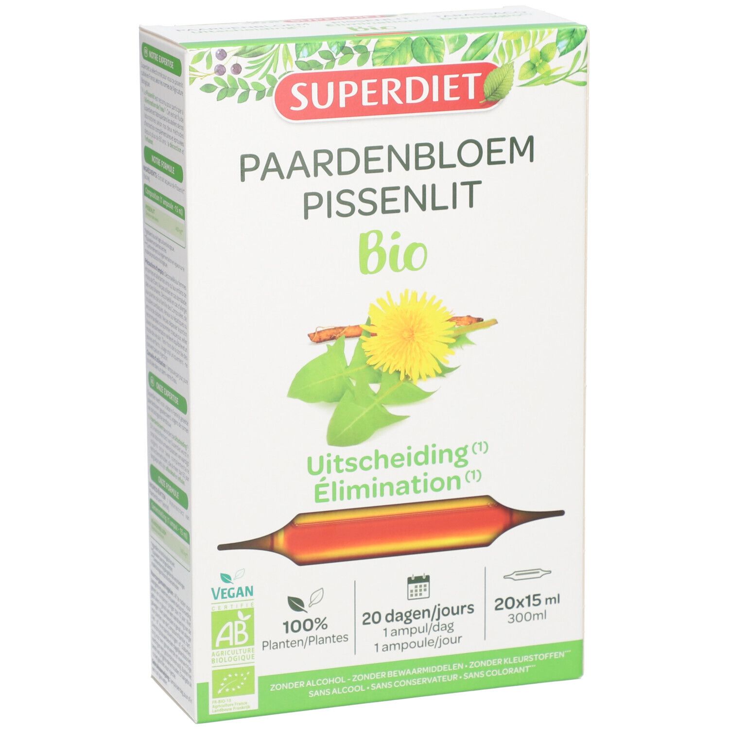 Verpakking met productnaam en Bio-certificering. Illustratie van een paardenbloem. Bevat 20 ampullen.