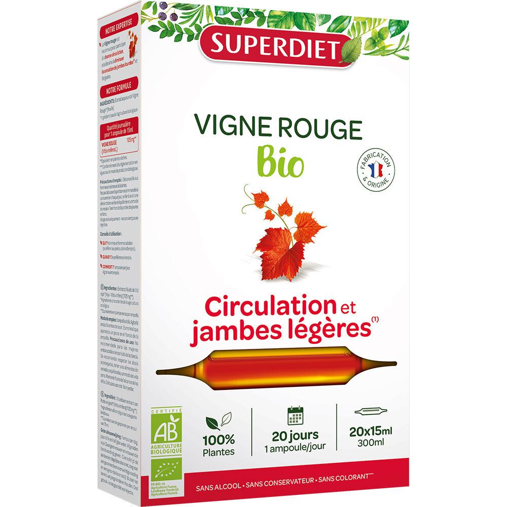 Boîte de SUPERDIET Vigne Rouge Bio ampoules. Inscriptions : Bio, 20 ampoules, 100% plantes, sans alcool, conservateur et colorant.