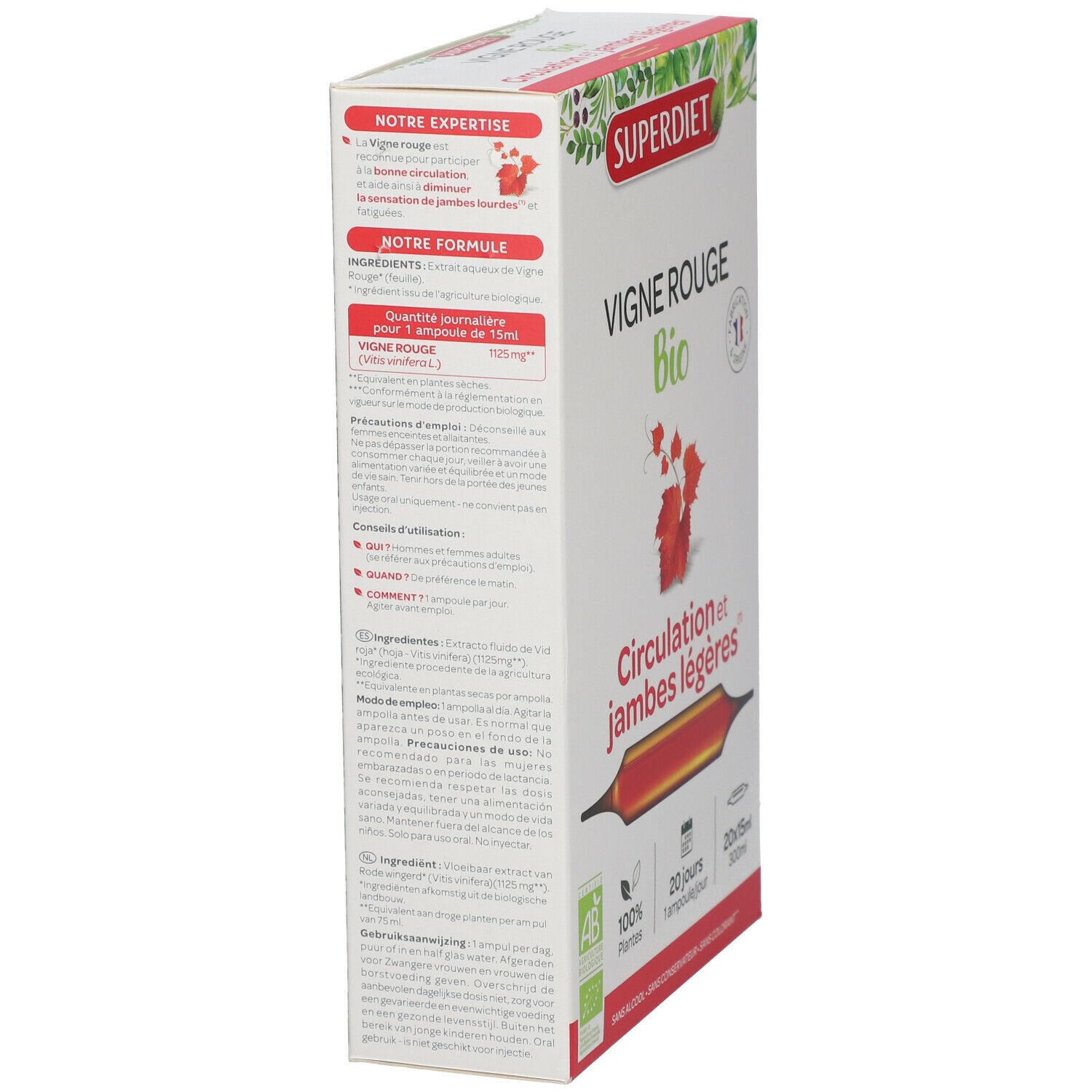 Dos de la boîte d'ampoules SUPERDIET Vigne Rouge Bio. Texte sur les ingrédients, l'utilisation et la composition.