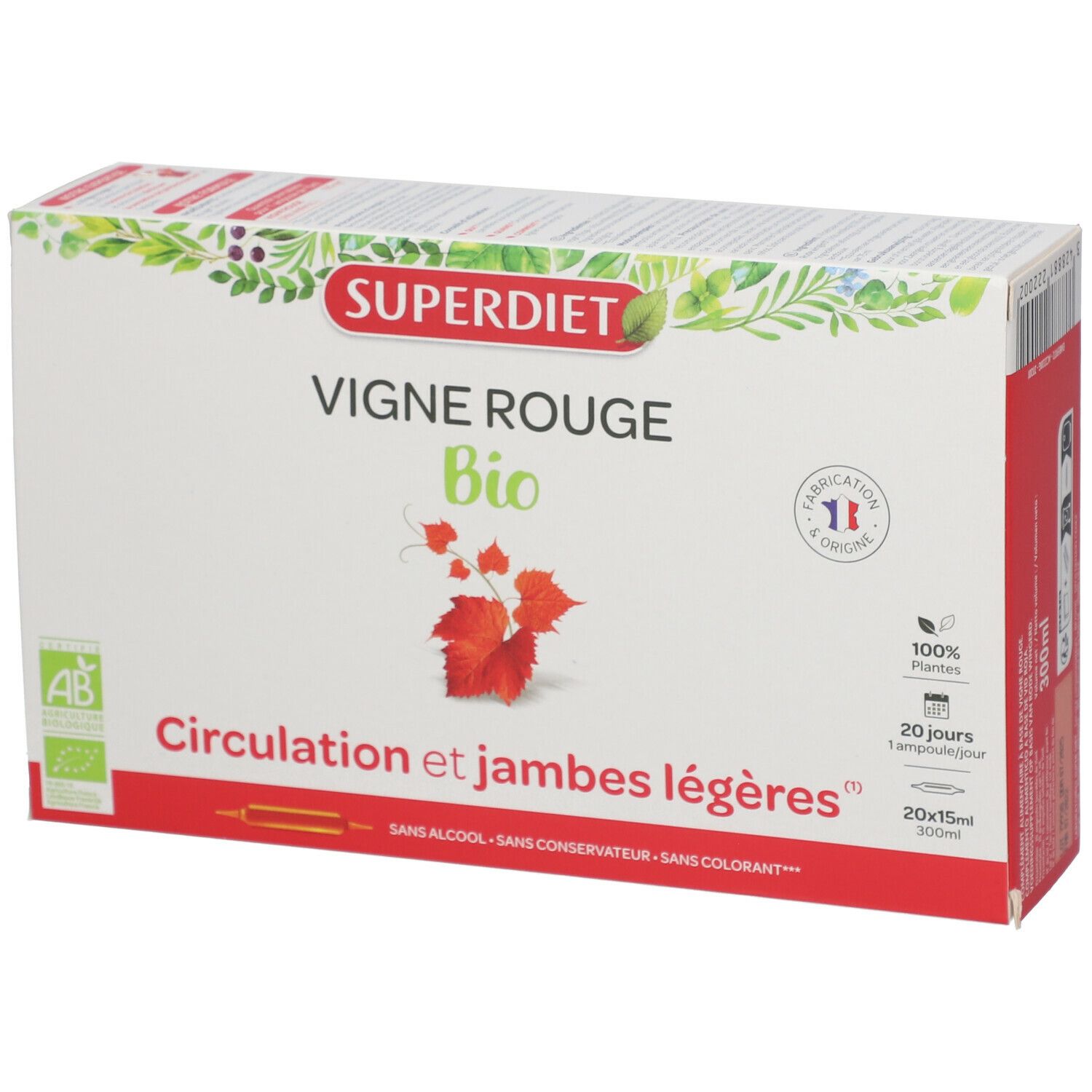 Boîte de SUPERDIET Vigne Rouge Bio ampoules. Inscriptions : Bio, 20 ampoules, 100% plantes, sans alcool, conservateur et colorant.