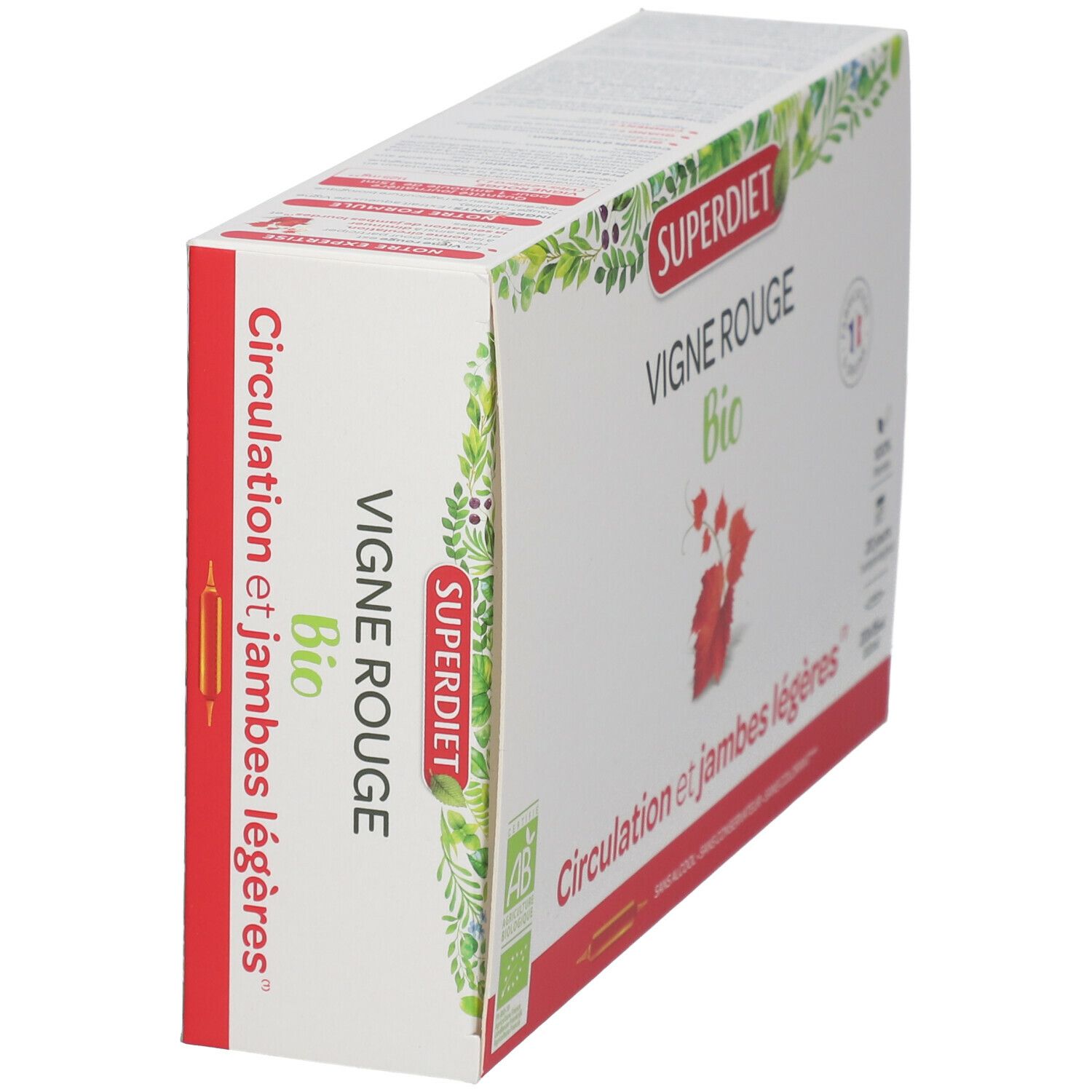 Vue latérale de la boîte d'ampoules SUPERDIET Vigne Rouge Bio. Inscriptions : Bio, Vigne Rouge, Circulation et jambes légères.