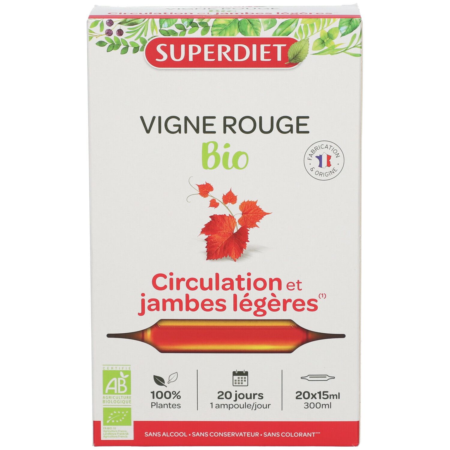 Boîte de SUPERDIET Vigne Rouge Bio ampoules. Inscriptions : Bio, 20 ampoules, 100% plantes, sans alcool, conservateur et colorant.