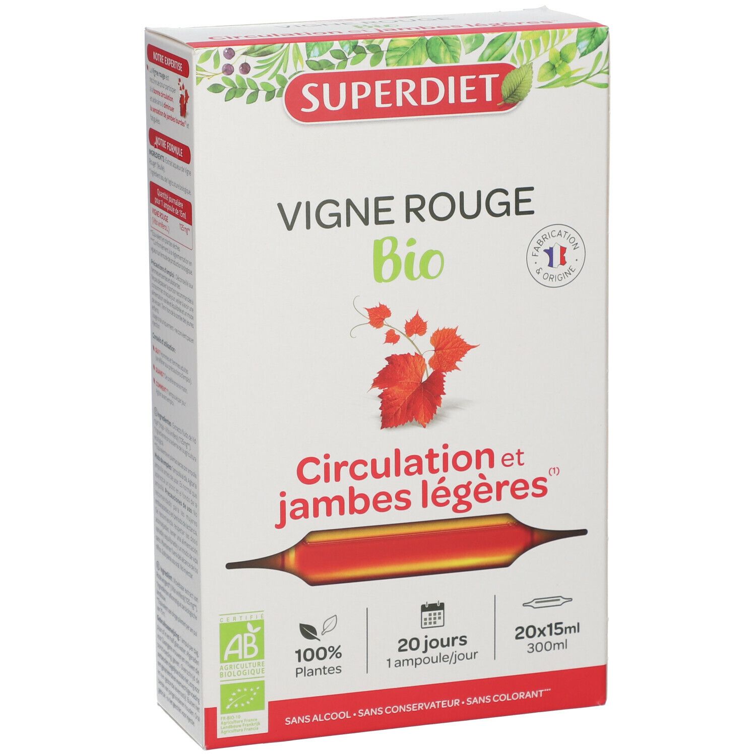 Boîte de SUPERDIET Vigne Rouge Bio ampoules. Inscriptions : Bio, 20 ampoules, 100% plantes, sans alcool, conservateur et colorant.
