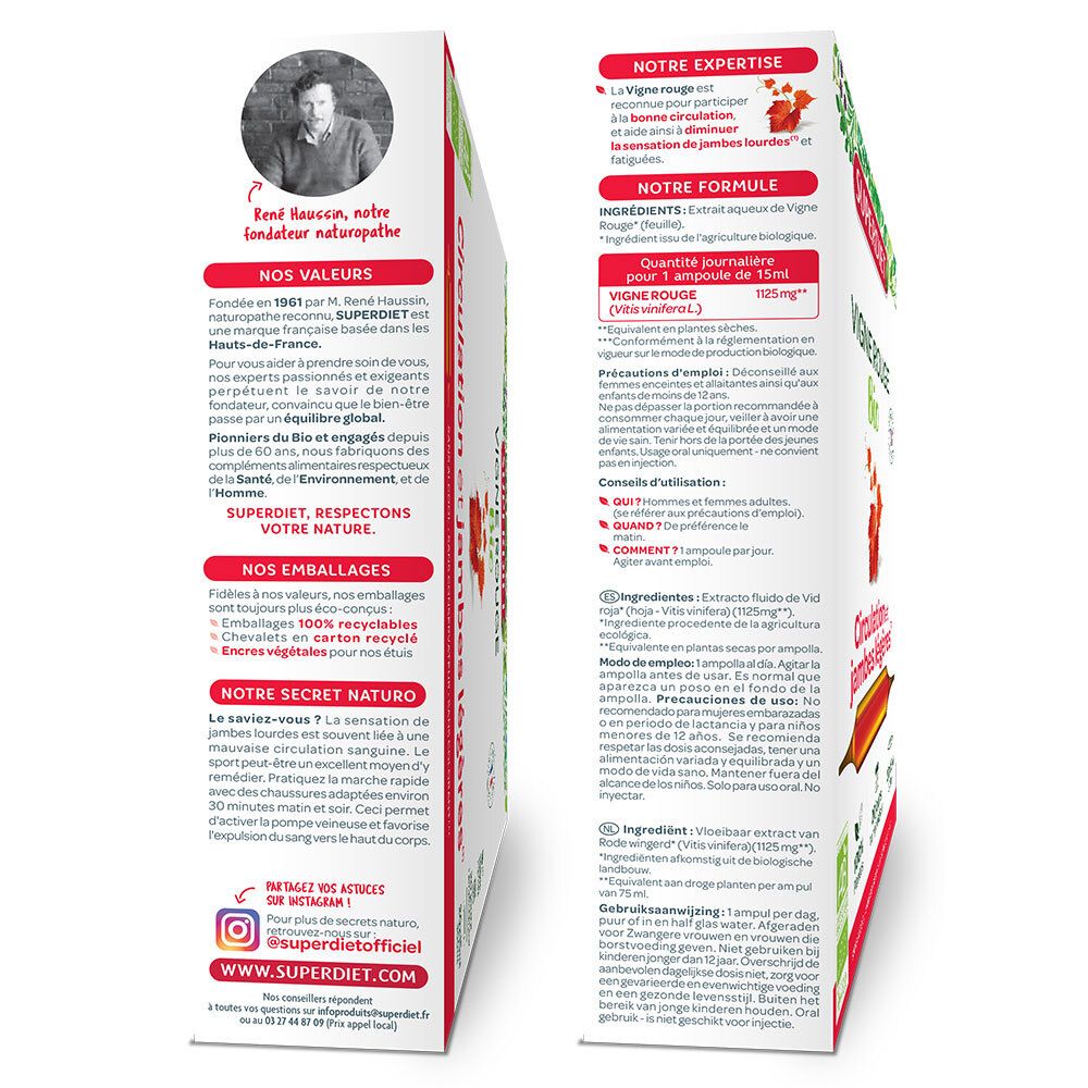 Dos de la boîte d'ampoules SUPERDIET Vigne Rouge Bio. Texte sur les ingrédients, l'utilisation et la composition.