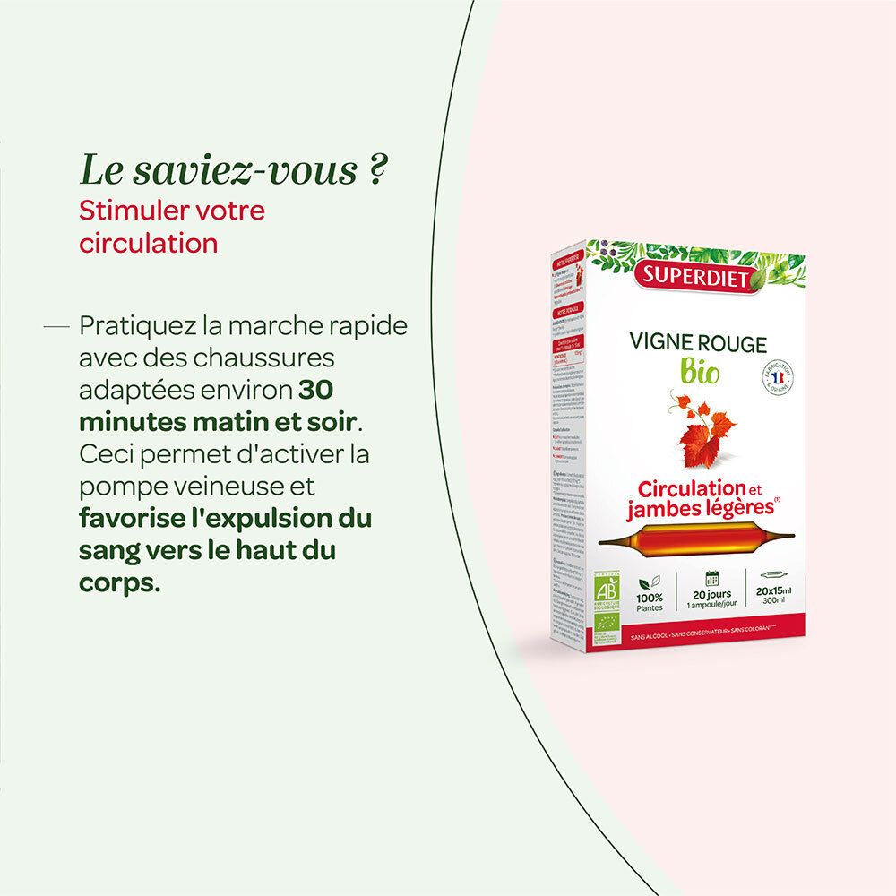 Texte sur l'utilisation des ampoules SUPERDIET Vigne Rouge Bio. Une boîte est illustrée.